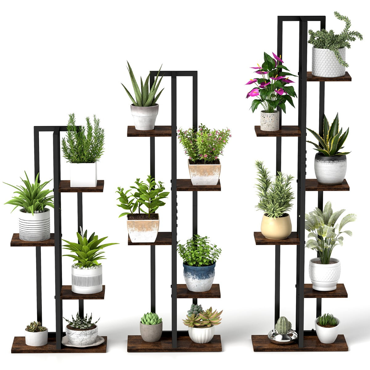 Conjunto de Estantes para Plantas – 4+5+6 Níveis – Preto e Castanho – Madeira e Metal