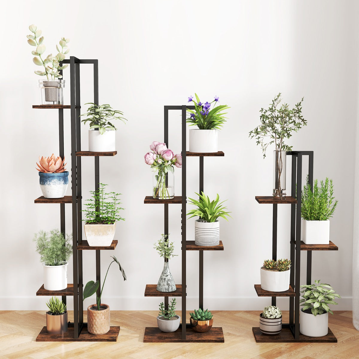 Conjunto de Estantes para Plantas – 4+5+6 Níveis – Preto e Castanho – Madeira e Metal