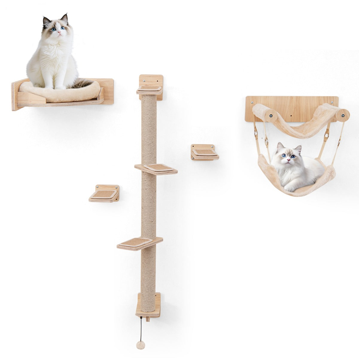 Estantes de Parede para Gatos de 5 Peças com Rede de Dupla Camada 1 Cama com Almofada 2 Plataformas de Salto 1 Torre Poste para Arranhar Natural