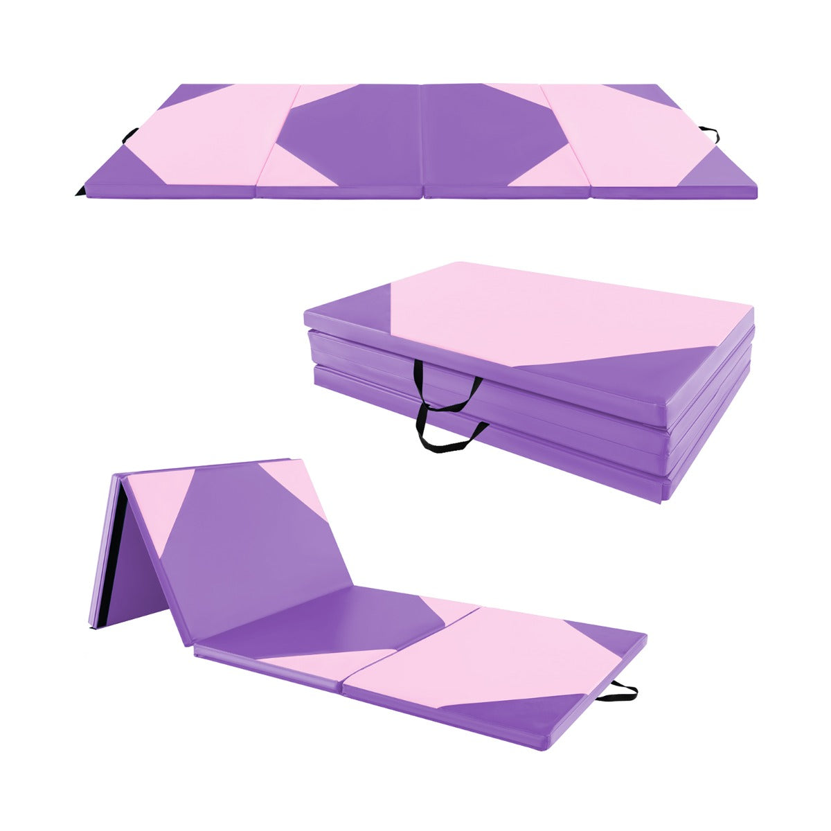 Tapete de Exercícios de Ginástica Dobrável em PU de 300 x 117 x 5 cm com 4 Painéis, Pega e Fecho de Velcro Roxo e Rosa