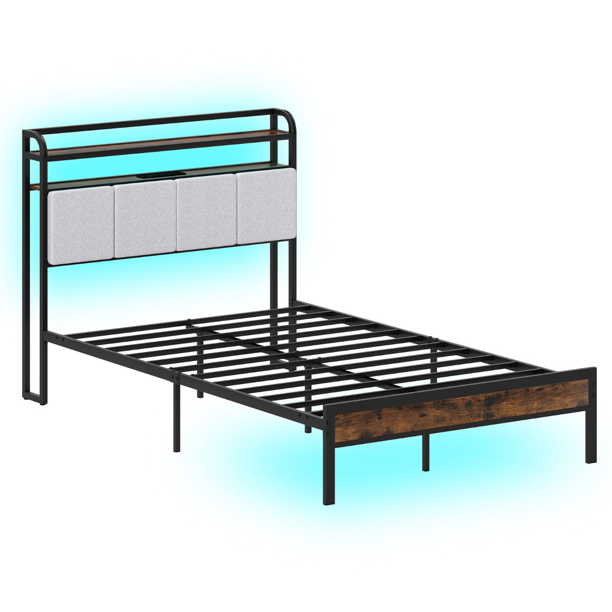 Estrutura de Cama King com Luz LED e Estação de Carga - Metal e Madeira