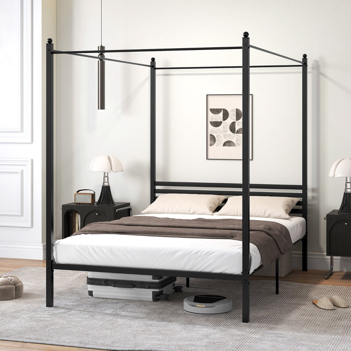 Estrutura de Cama de Casal com Dossel e 4 Colunas de Metal 200 x 140 cm Preto