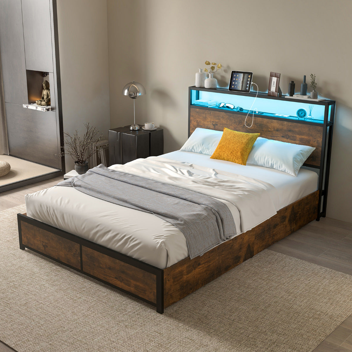 Estrutura de Cama Dupla 140 x 200 cm em Metal Com Cabeceira de Luz LED RGB 4 Gavetas de Arrumação Ligação USB Plataforma de Cama