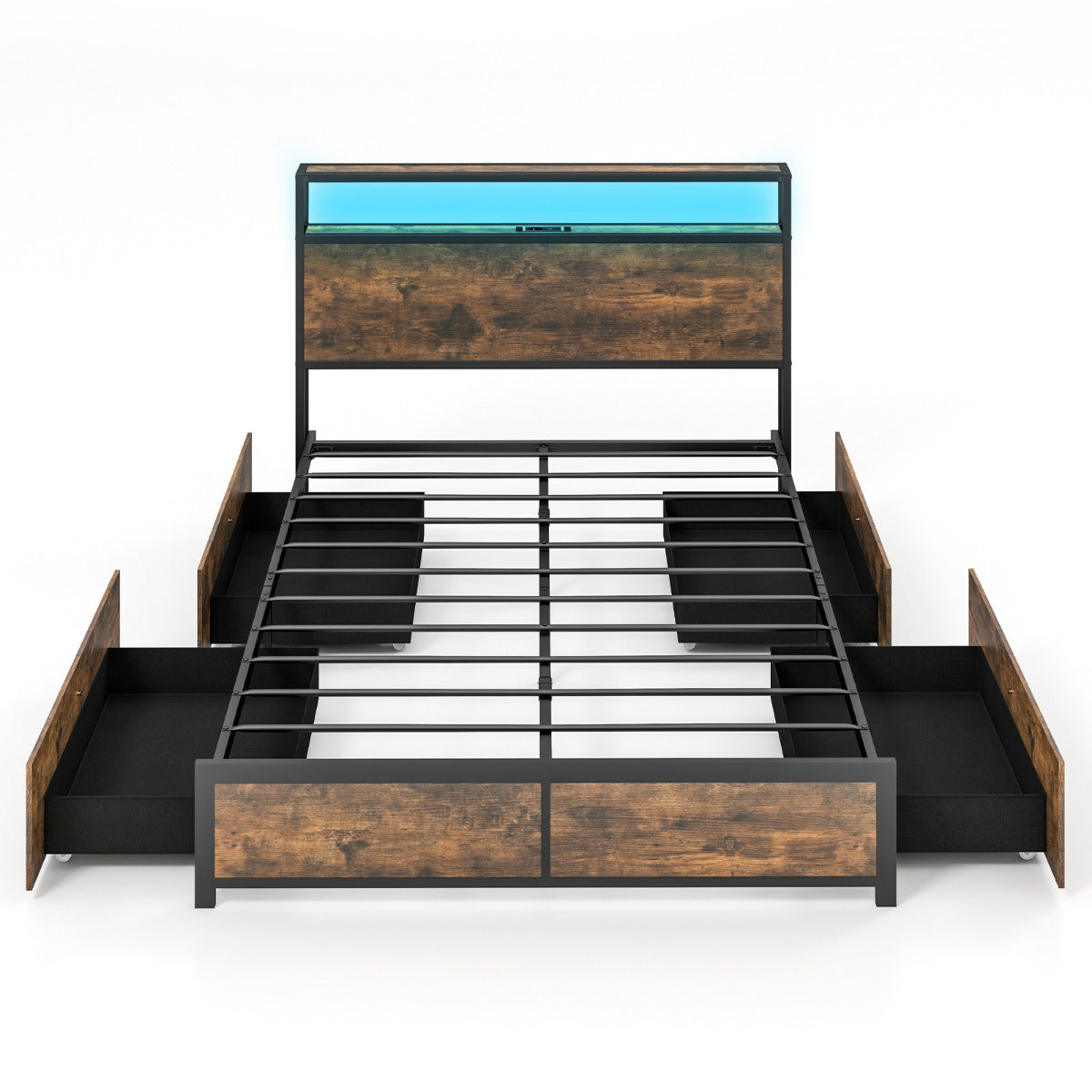 Estrutura de Cama Dupla 140 x 200 cm em Metal Com Cabeceira de Luz LED RGB 4 Gavetas de Arrumação Ligação USB Plataforma de Cama