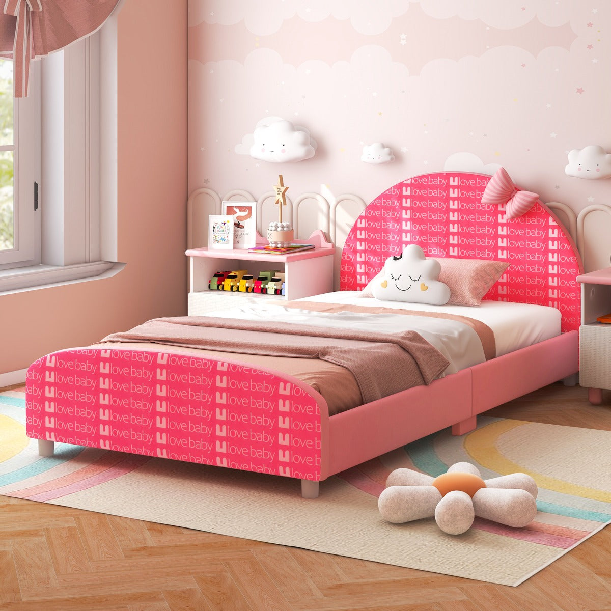 Cama para Criança Estrutura de Cama Infantil com Cabeceira e Estribo Acolchoados para Meninas com 6 Pés Reguláveis Estáveis 152 x 77 x 70 cm Rosa