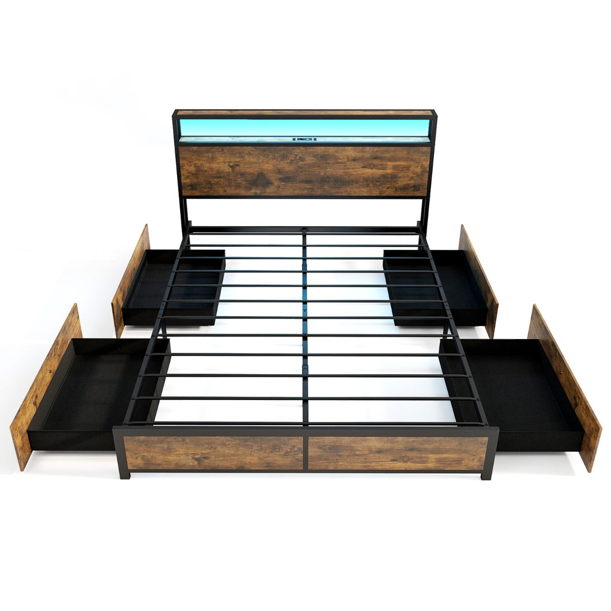 Estrutura de Cama King 160 x 200 cm em Metal com Cabeceira de Luz LED RGB, 4 Gavetas de Armazenamento, Ligação USB e Plataforma de Cama