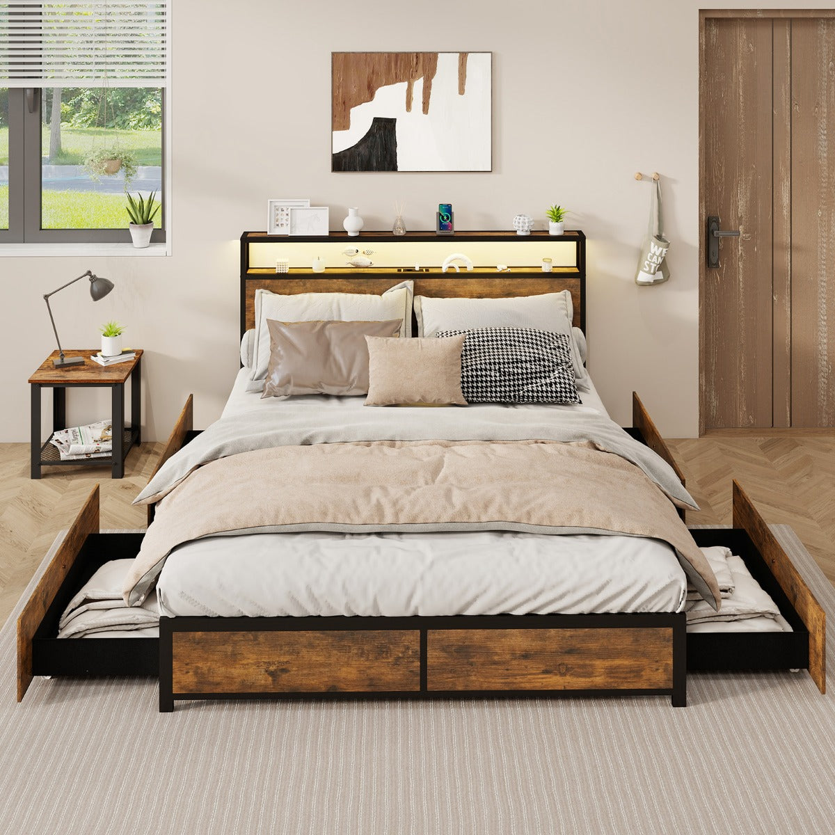 Estrutura de Cama King 160 x 200 cm em Metal com Cabeceira de Luz LED RGB, 4 Gavetas de Armazenamento, Ligação USB e Plataforma de Cama