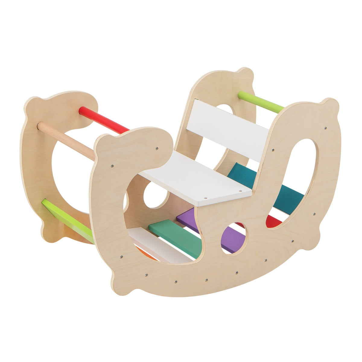 Arco Balancín 2 em 1 para Crianças - Brinquedo de Escalada Montessori com Cavalo Baloiço Encosto e Assento para Crianças em Diante Multicolorido