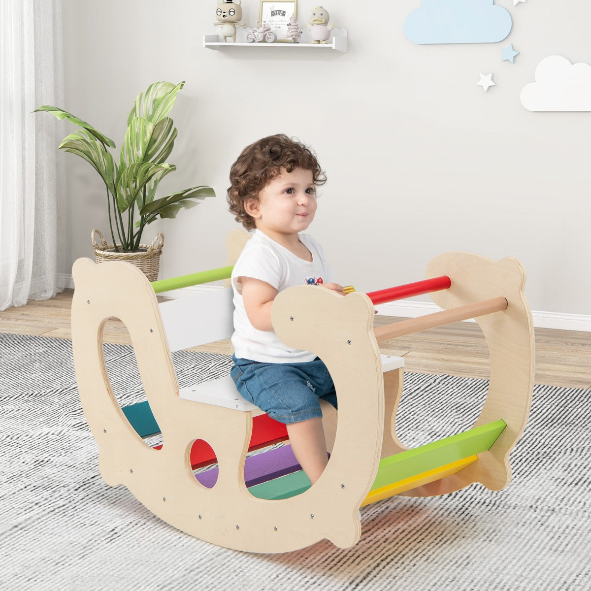 Arco Balancín 2 em 1 para Crianças - Brinquedo de Escalada Montessori com Cavalo Baloiço Encosto e Assento para Crianças em Diante Multicolorido