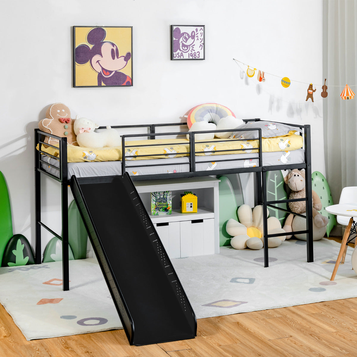 Estrutura de Cama Individual Elevada para Crianças com Escorrega, 4 Barreiras de Segurança, Escada de 2 Degraus, Preto 198 x 96 x 109 cm