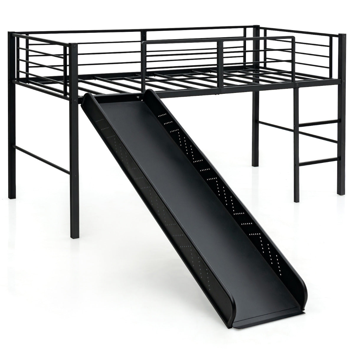 Estrutura de Cama Individual Elevada para Crianças com Escorrega, 4 Barreiras de Segurança, Escada de 2 Degraus, Preto 198 x 96 x 109 cm