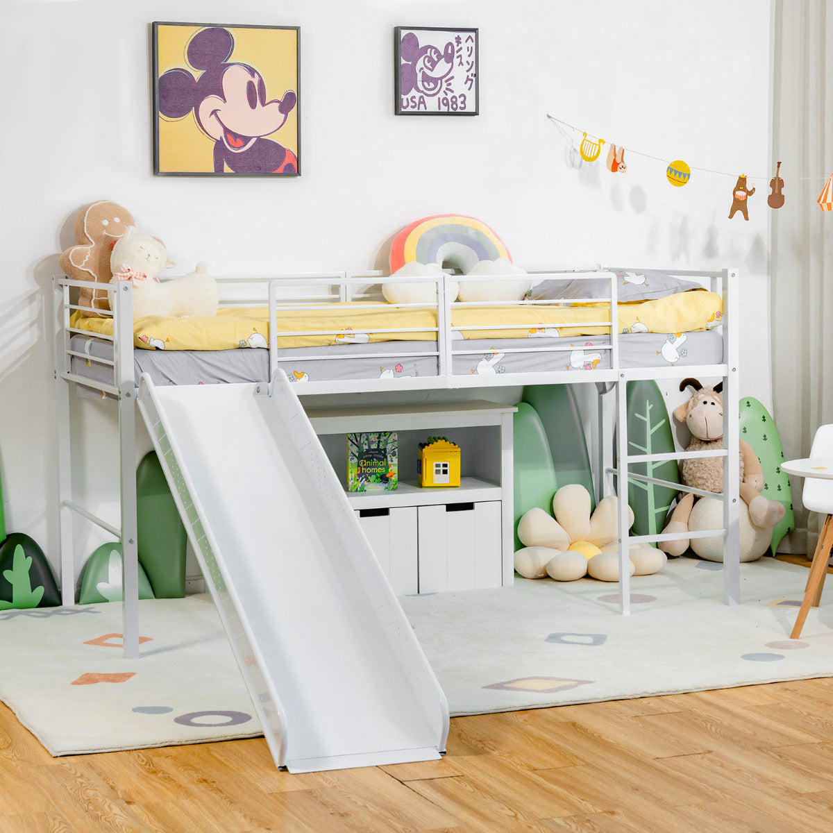 Cama Individual Elevada para Crianças com Escorrega e 4 Barreiras de Segurança Branco 198 x 96 x 109 cm