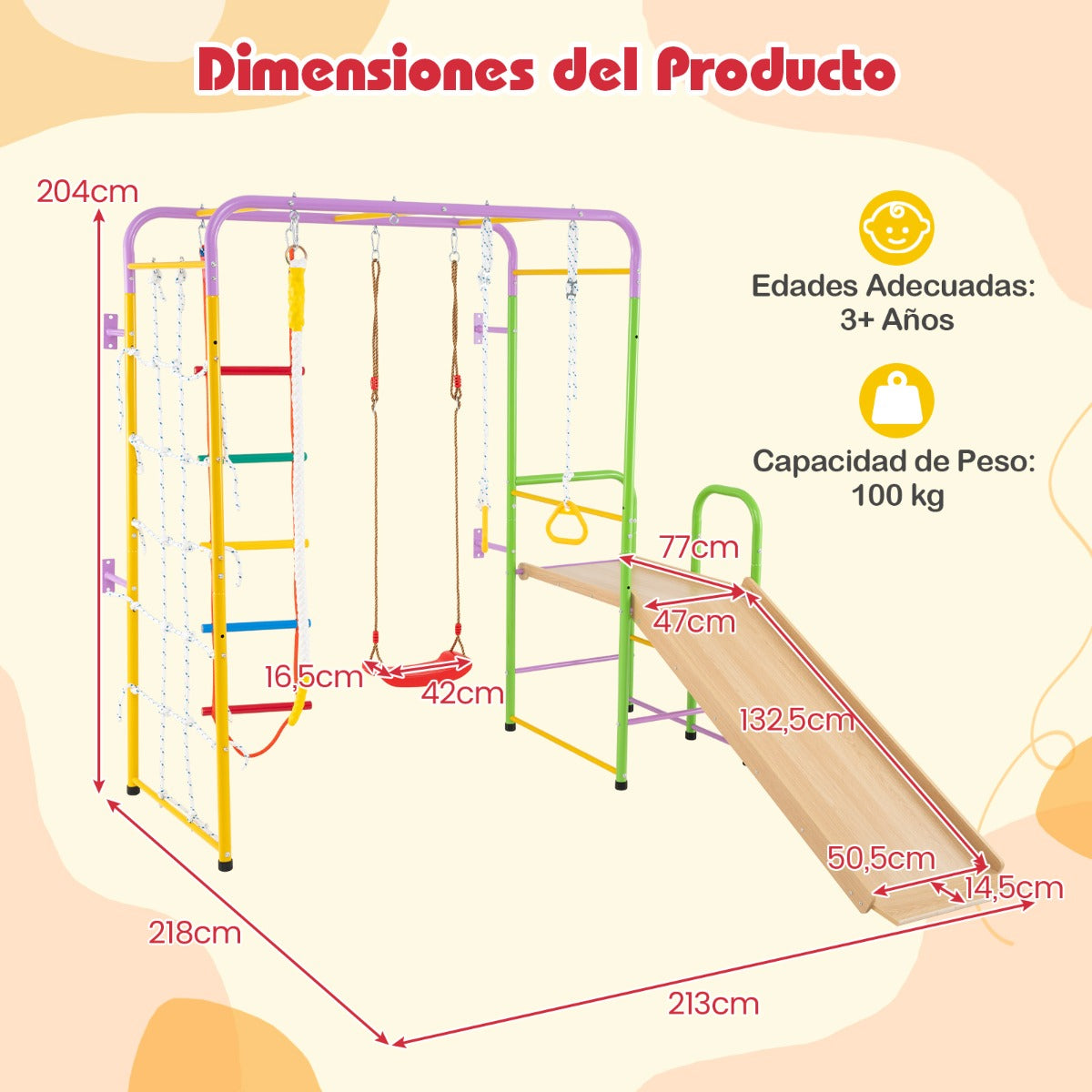 Centro de Atividades Infantil com Muro de Escalada, Barras, Escada e Columpio