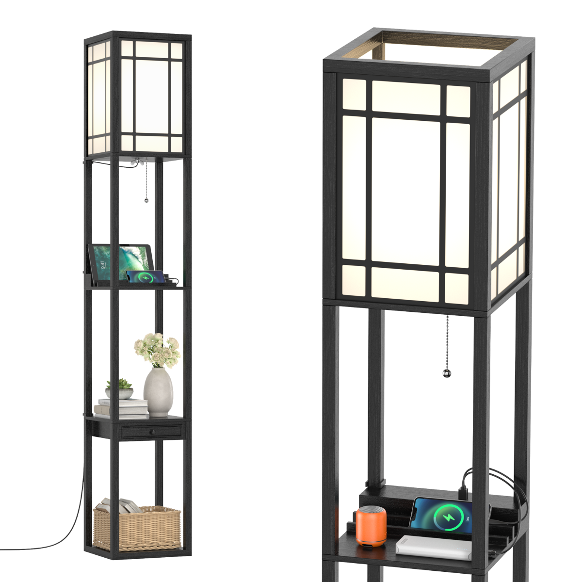 Lâmpada de Pé com Estante – 26 x 26 x 160,5 cm – Preto – MDF