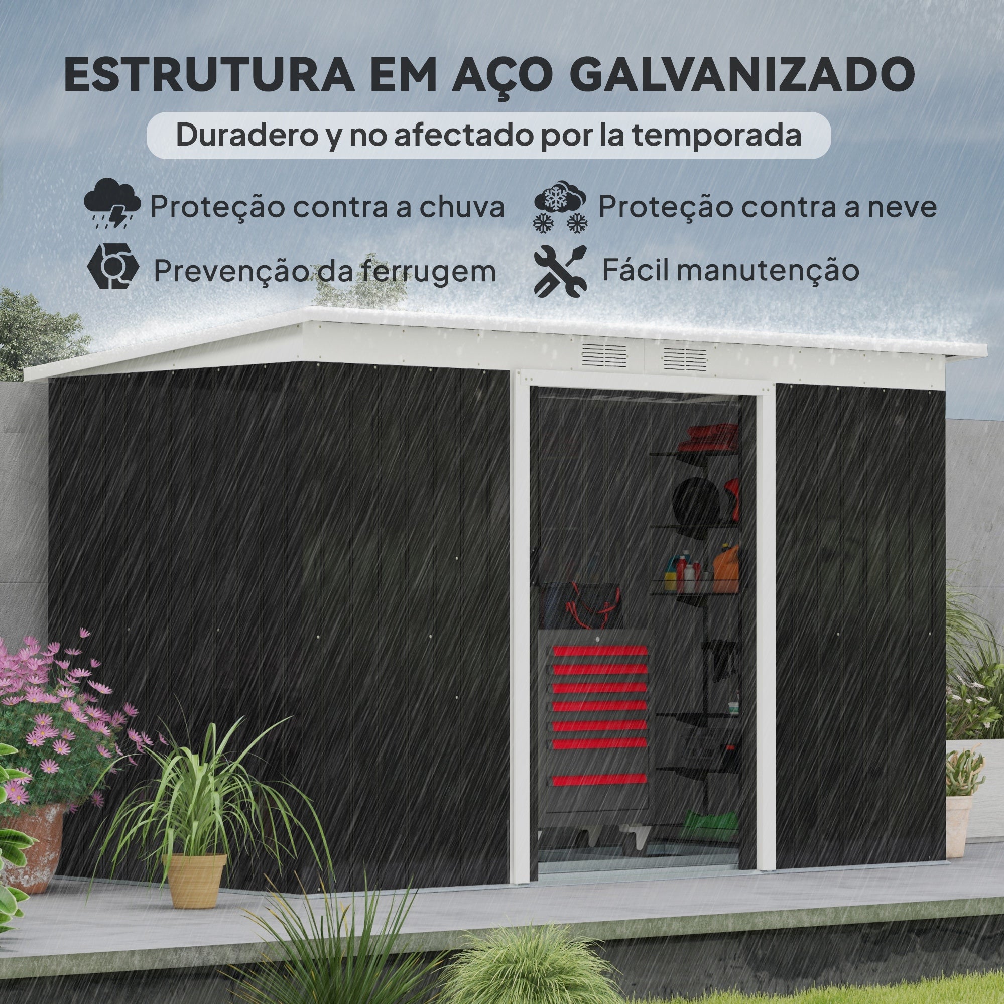 Abrigo de Jardim 280x130x172cm - Cinza Escuro - Aço Galvanizado