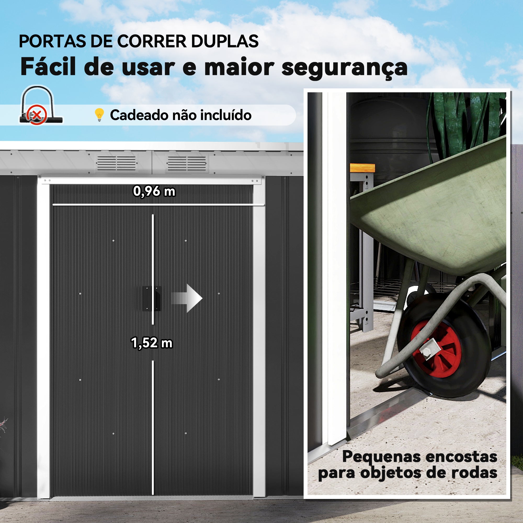 Abrigo de Jardim 280x130x172cm - Cinza Escuro - Aço Galvanizado