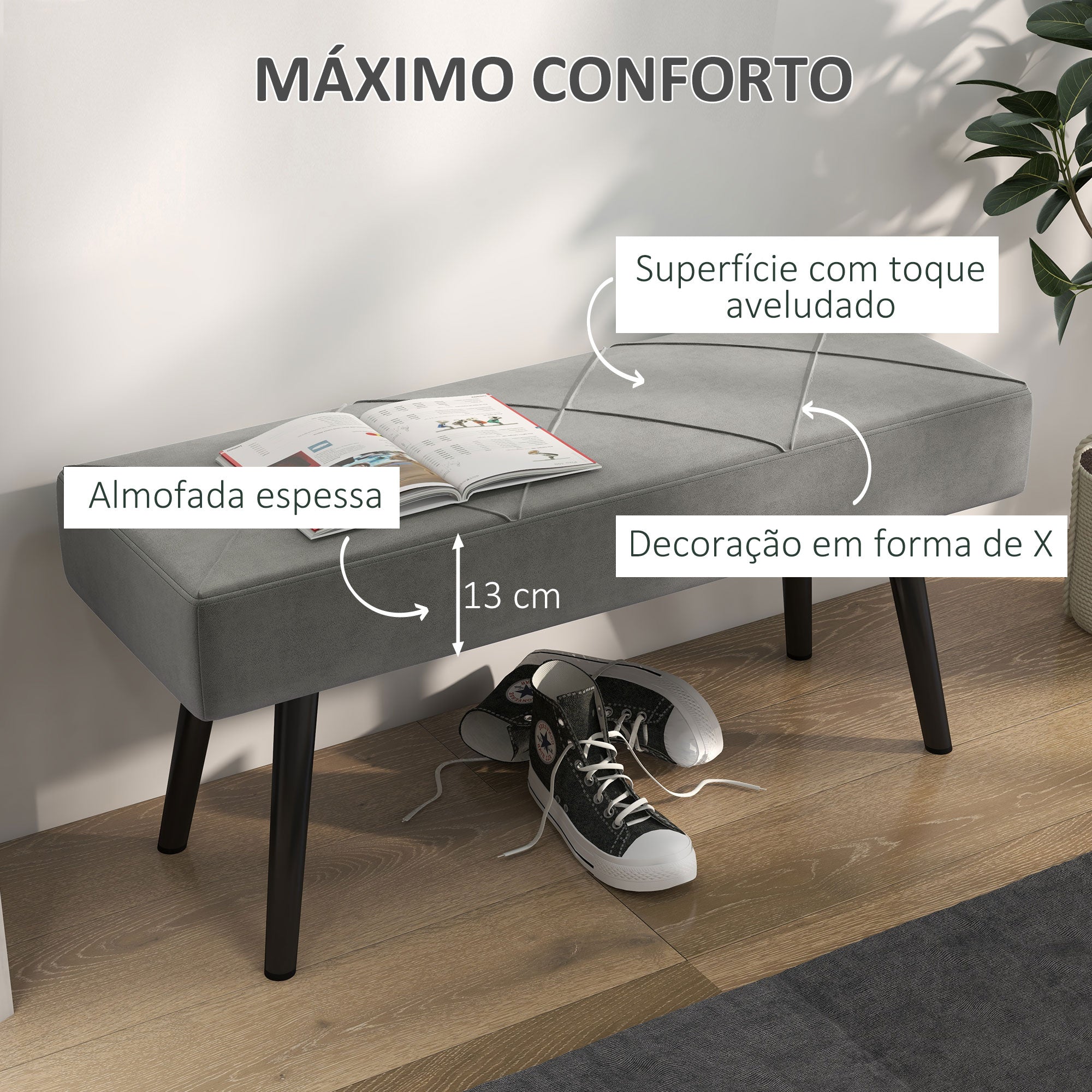 Banco Acolchoado Moderno – 100x36x45 cm – Cinza – Veludo