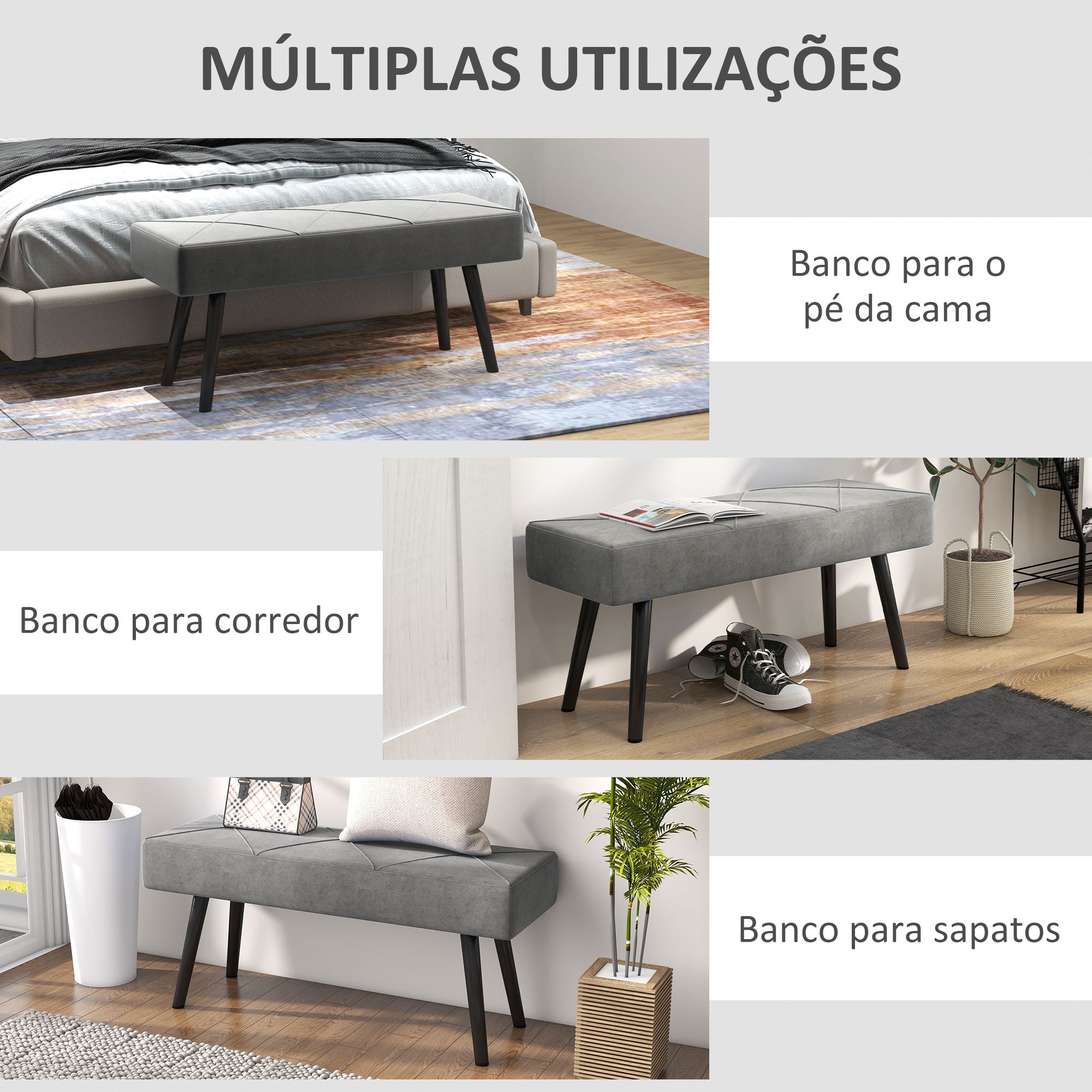 Banco Acolchoado Moderno – 100x36x45 cm – Cinza – Veludo