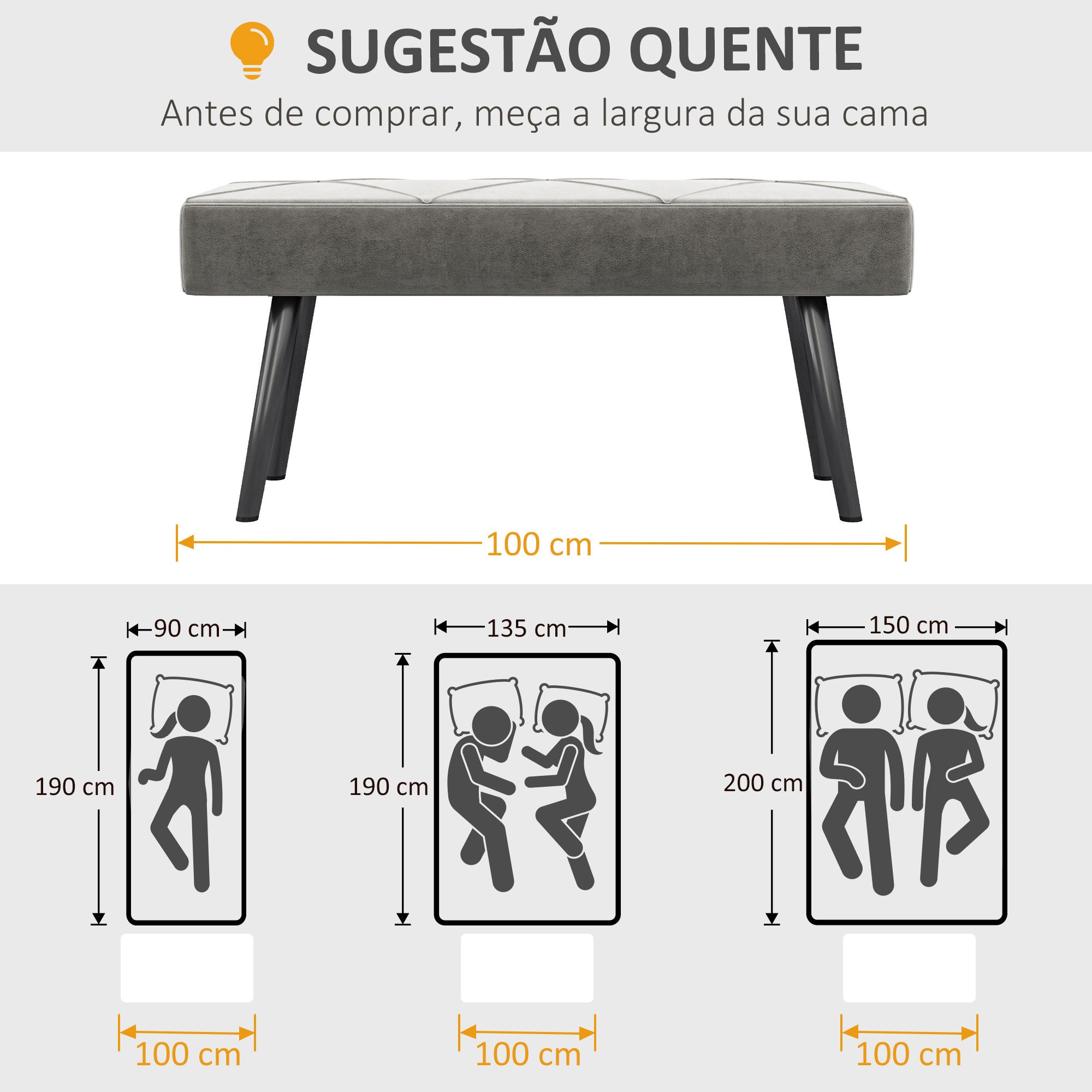 Banco Acolchoado Moderno – 100x36x45 cm – Cinza – Veludo