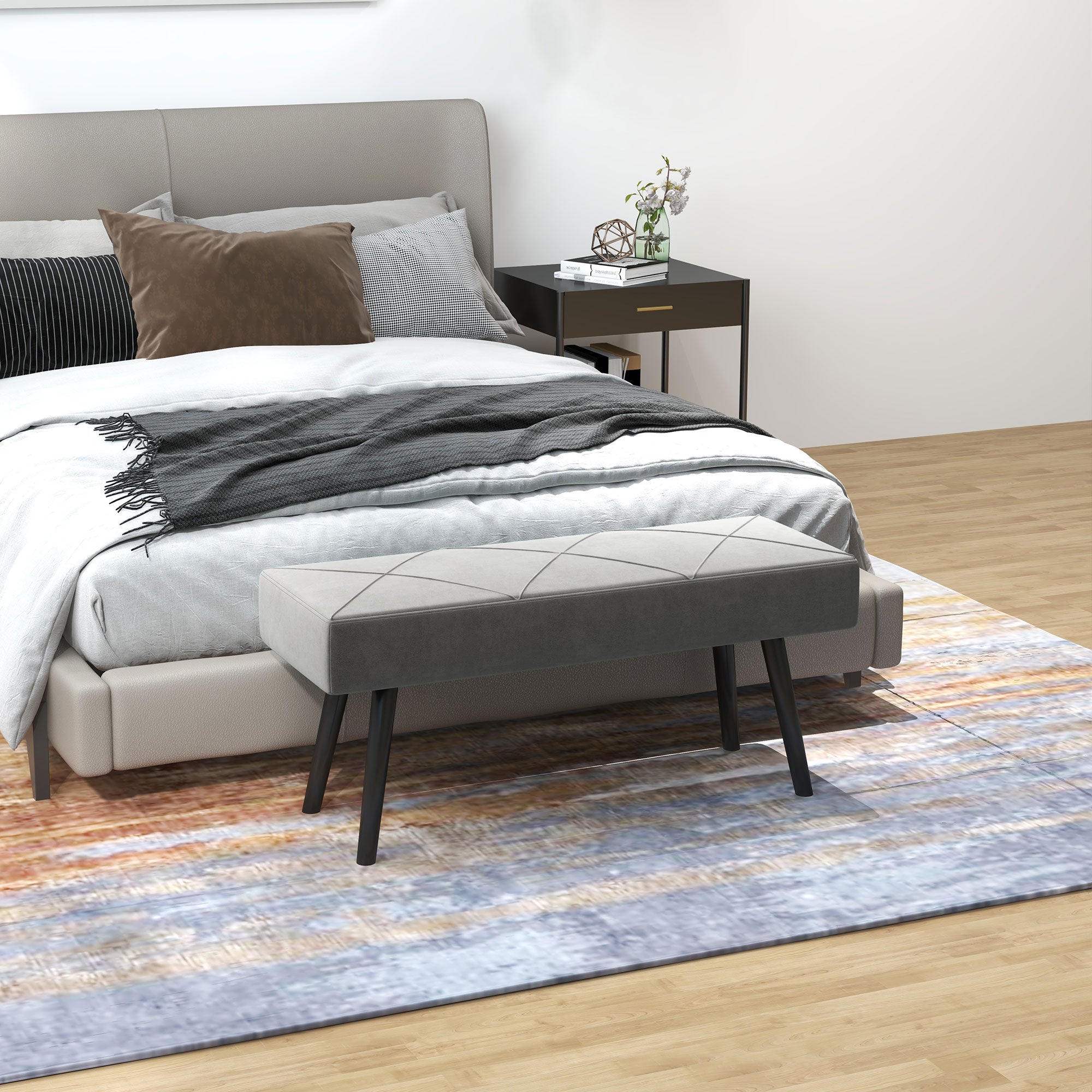 Banco Acolchoado Moderno – 100x36x45 cm – Cinza – Veludo