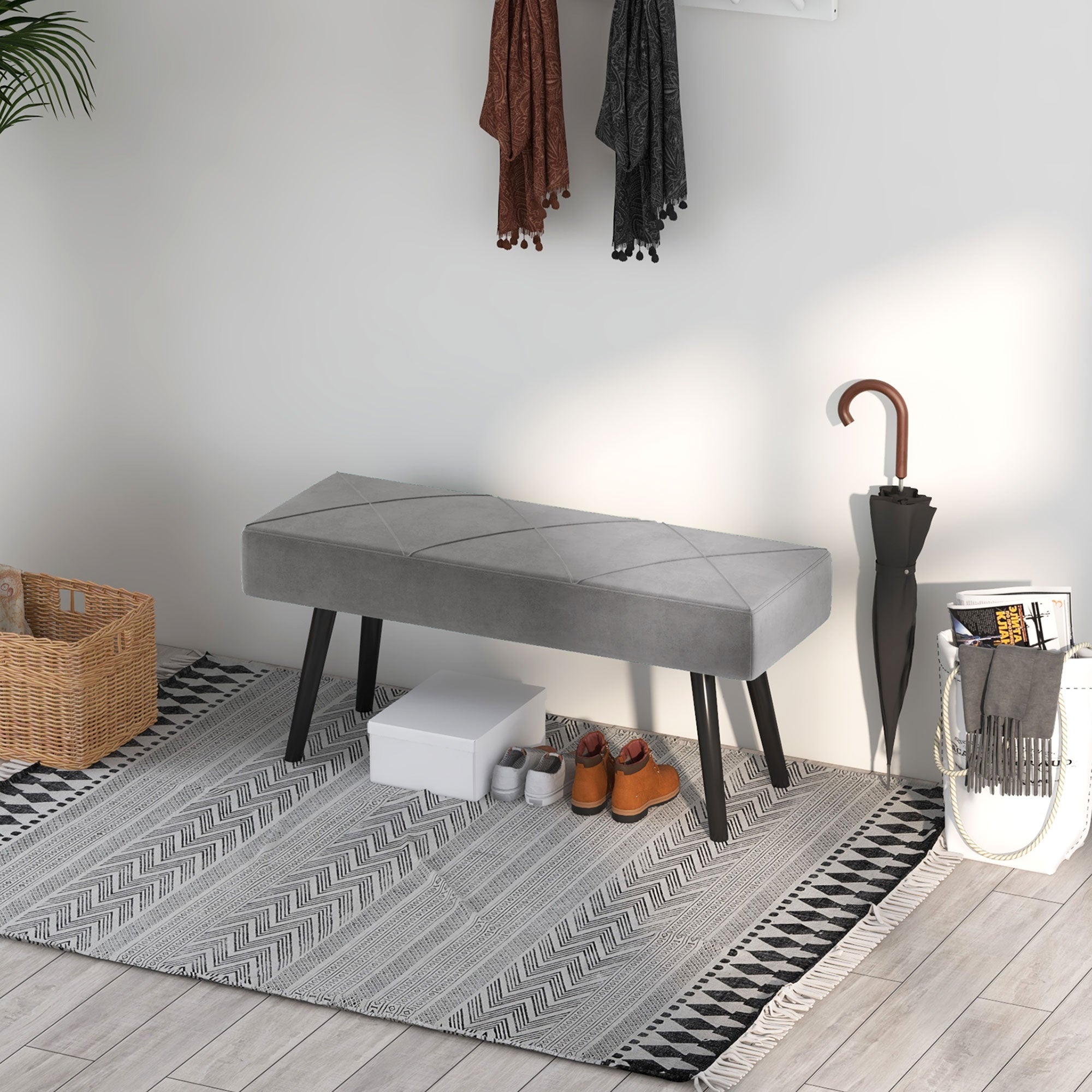 Banco Acolchoado Moderno – 100x36x45 cm – Cinza – Veludo