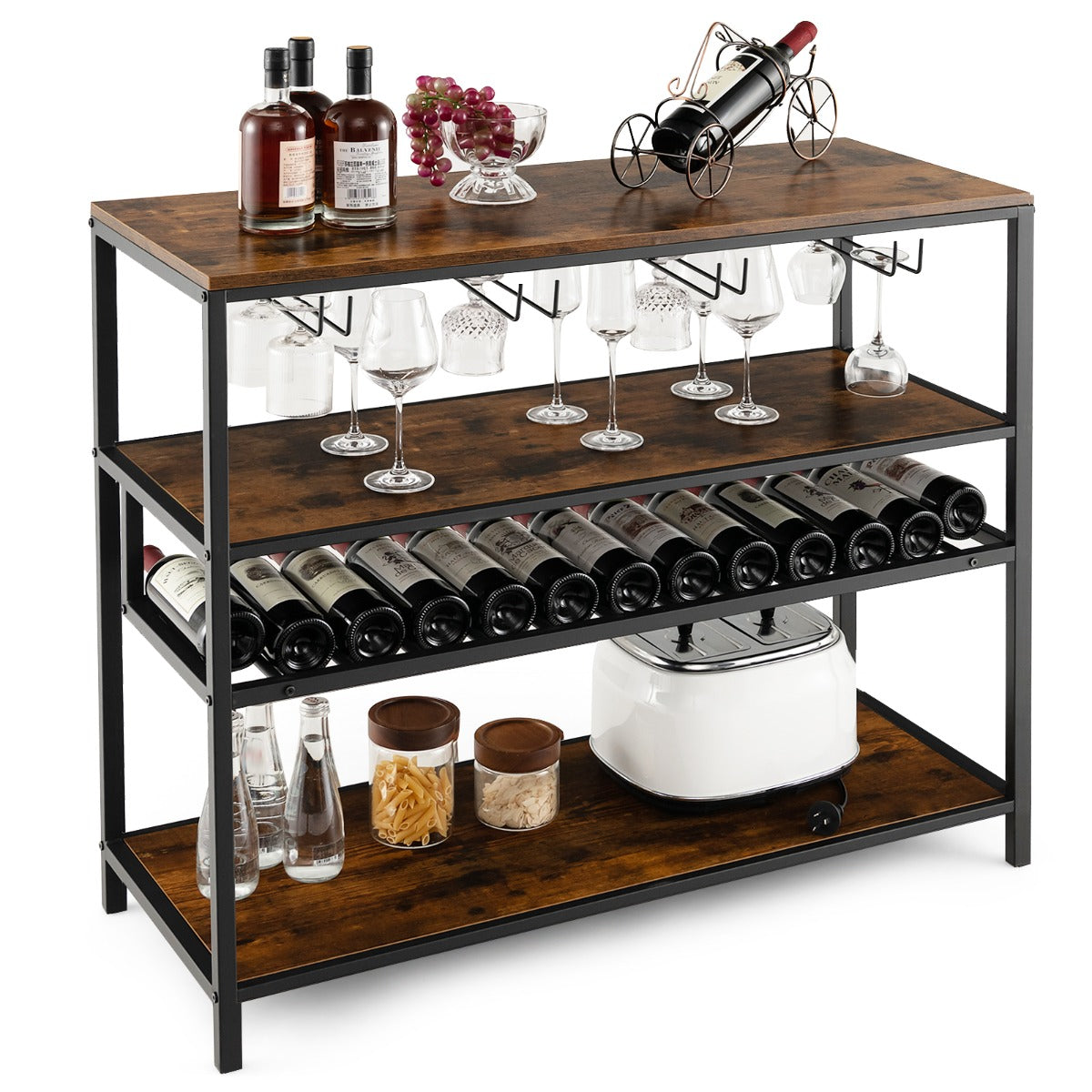 Estante de Vinho Industrial com Suporte para Garrafas e 4 Filas de Suportes para Copos para Cozinha Sala de Jantar Buffet 102 x 40 x 87 cm