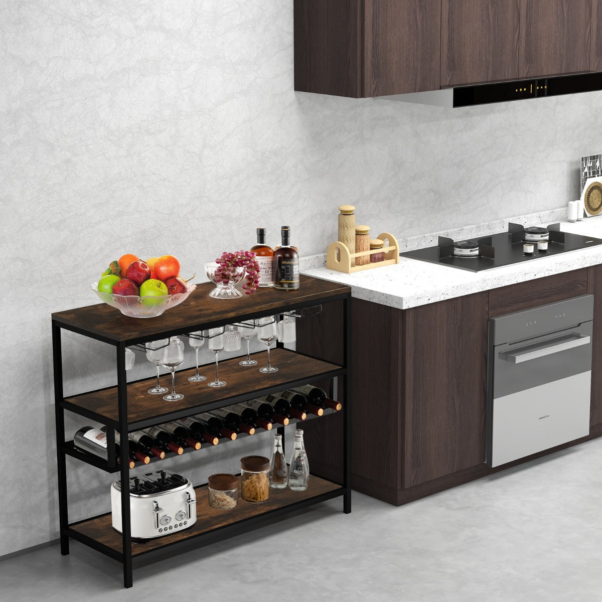 Estante de Vinho Industrial com Suporte para Garrafas e 4 Filas de Suportes para Copos para Cozinha Sala de Jantar Buffet 102 x 40 x 87 cm