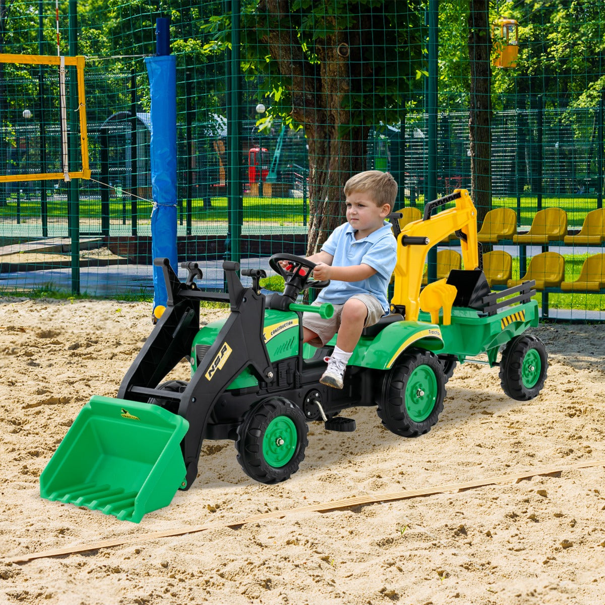 Trator de Brincar com 6 Rodas a Pedal Reboque Destacável para Crianças dos 3 aos 6 Anos-Verde