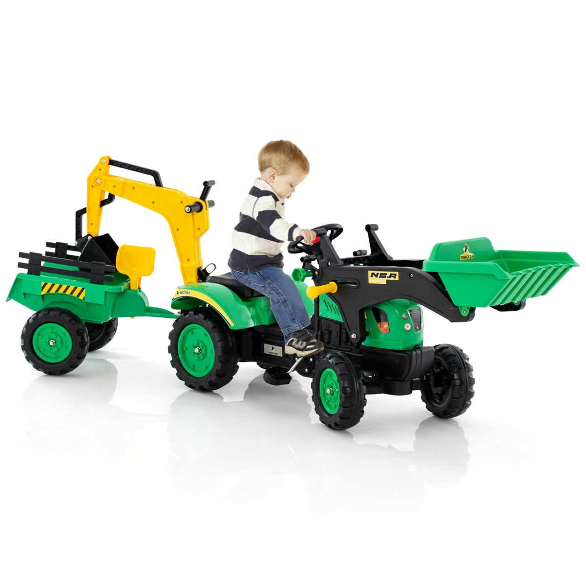 Trator de Brincar com 6 Rodas a Pedal Reboque Destacável para Crianças dos 3 aos 6 Anos-Verde
