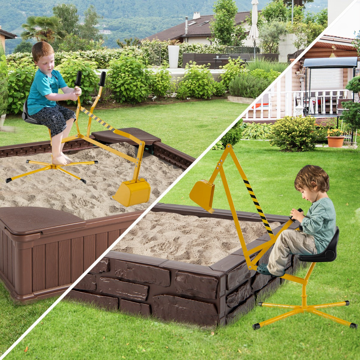 Excavadora de Areia para Crianças com Controlos de 2 Mãos e Pá Flexível Assento Giratório 360° e Encosto 123 x 62 x 62 cm Amarelo