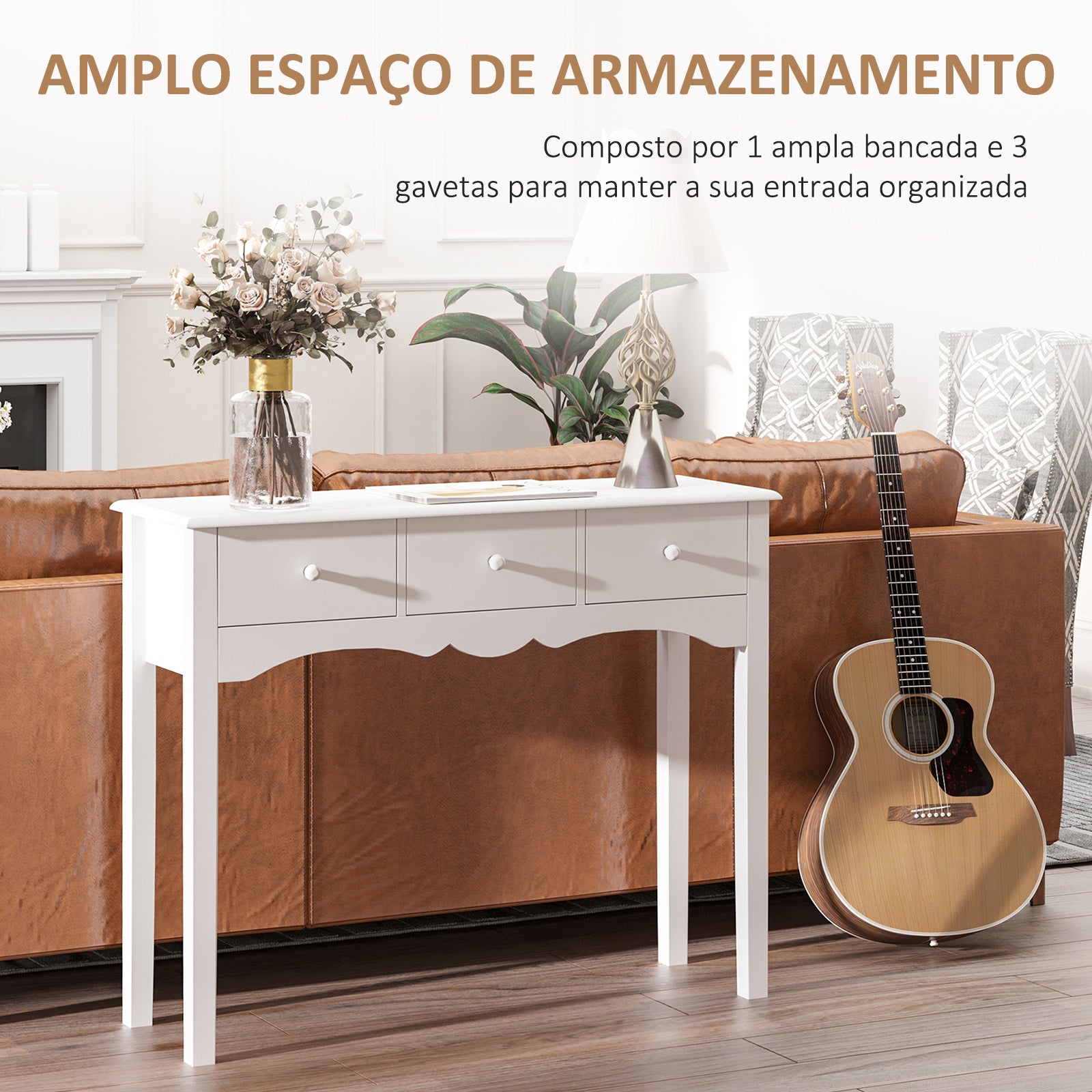 Mesa Consola Elegante com 3 Gavetas 100x32x85cm - Cor Branco