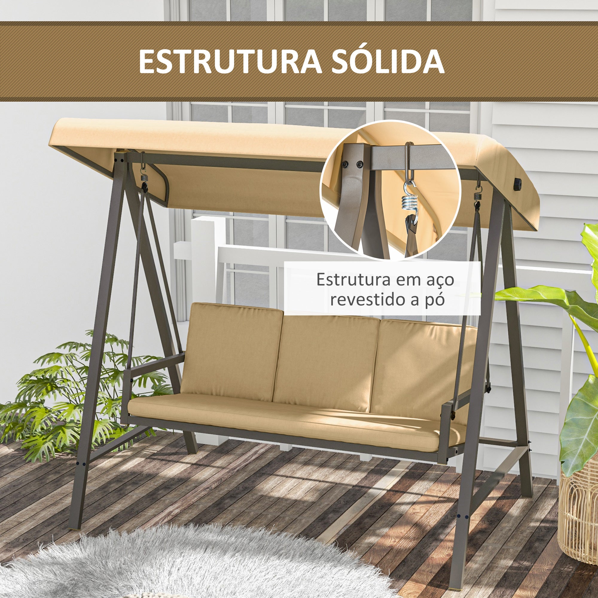 Baloiço de Jardim 3 Lugares Bege 200x125x175 cm