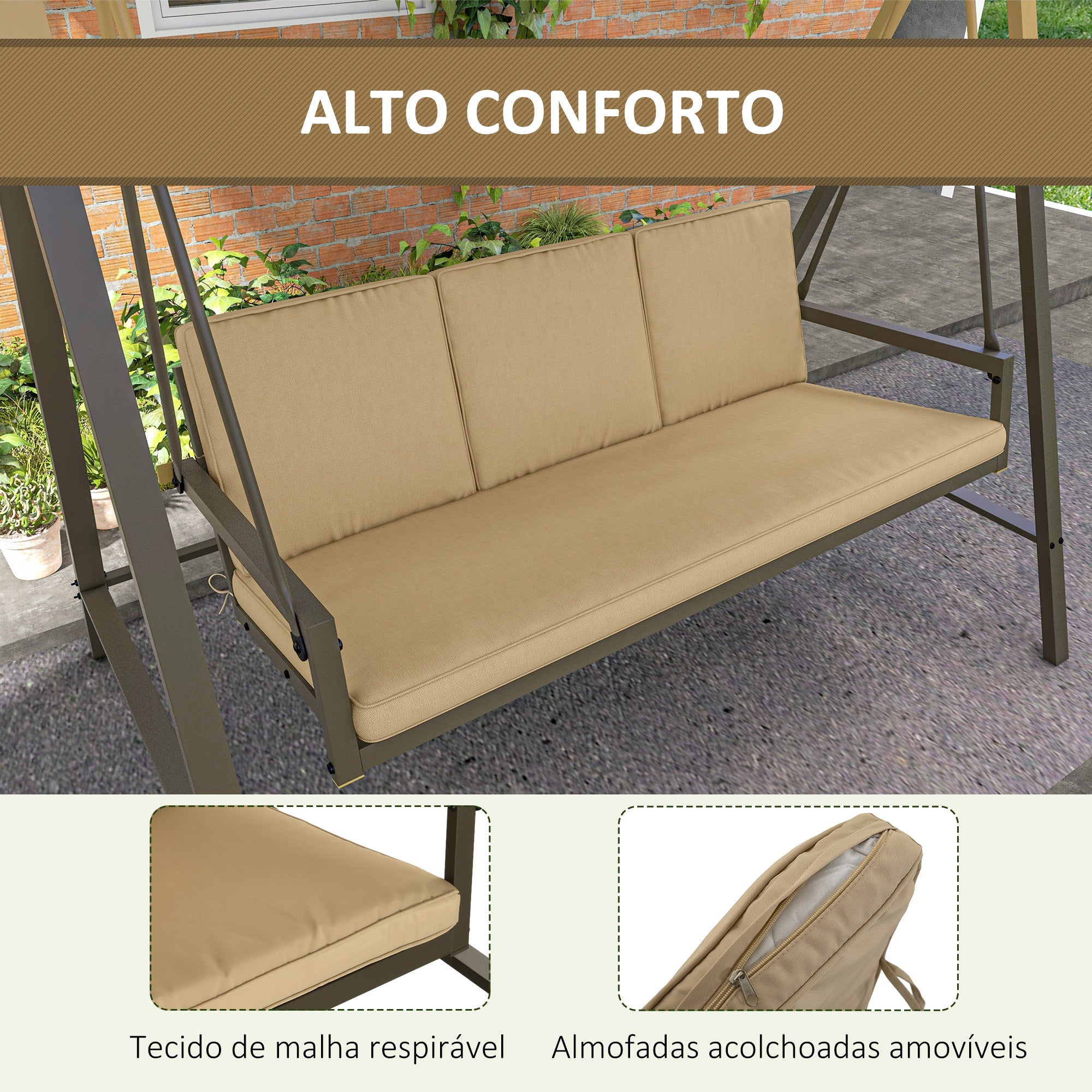 Baloiço de Jardim 3 Lugares Bege 200x125x175 cm