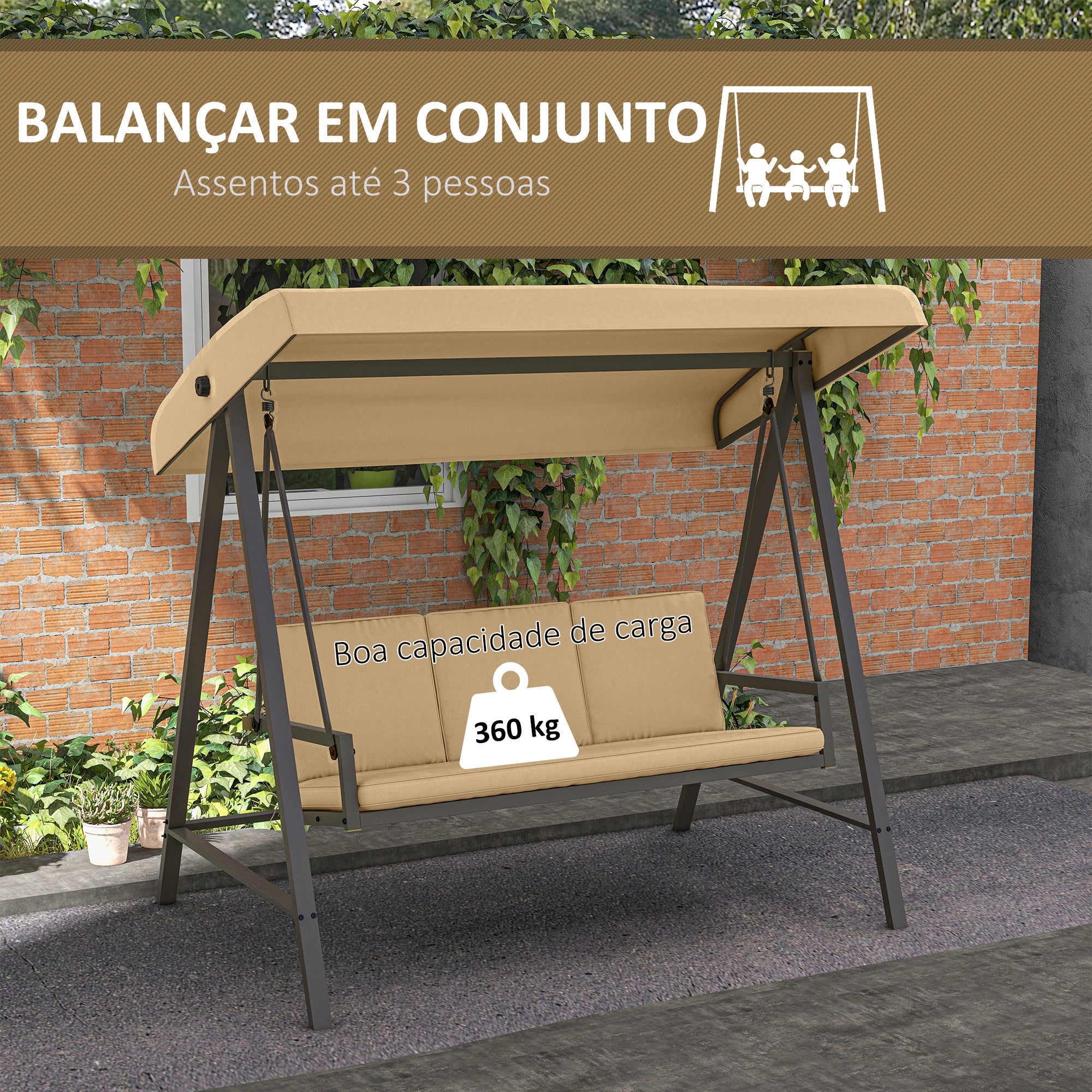 Baloiço de Jardim 3 Lugares Bege 200x125x175 cm