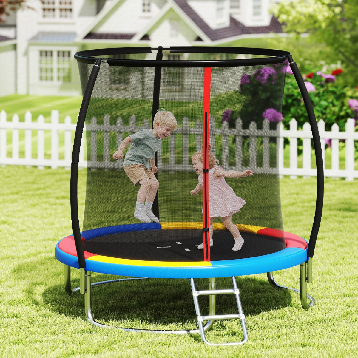 Cama Elástica de Exterior com Rede de Segurança, Escada, Pernas Curvas Robustas para Crianças e Adultos 244 cm Multicolor