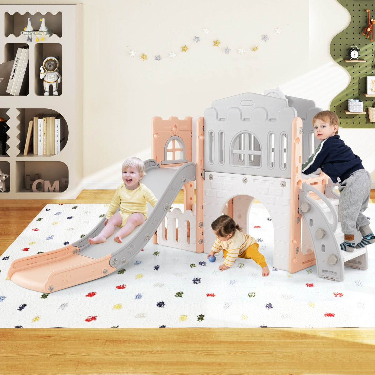 Parque Infantil 9 em 1 com Cesto de Basquetebol, Luneta, Volante, Escorrega, Passagem, Túnel para 1+ Anos 176 x 138 x 80 cm Rosa