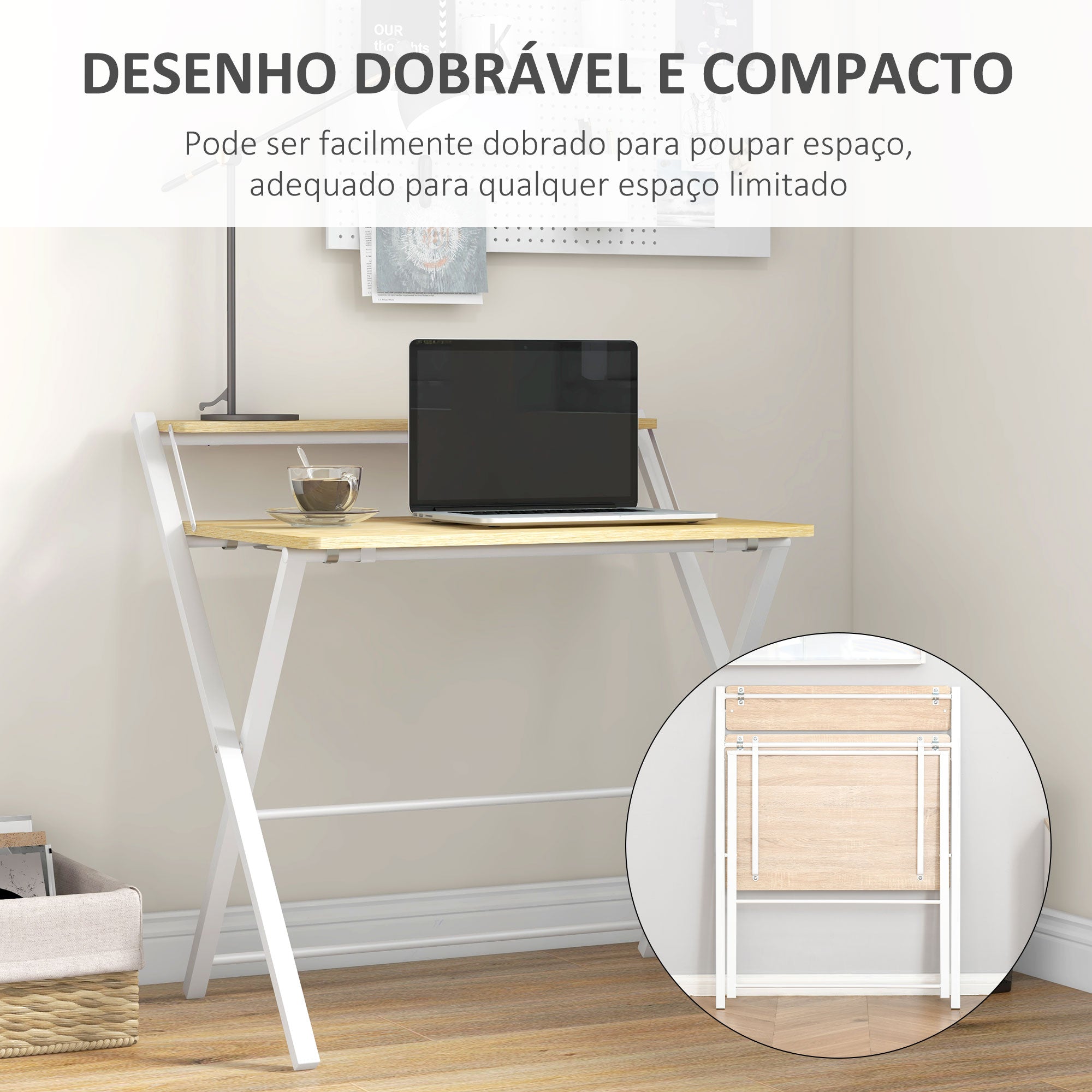 Secretária Dobrável 81,5x70x84 cm - Branco e Madeira