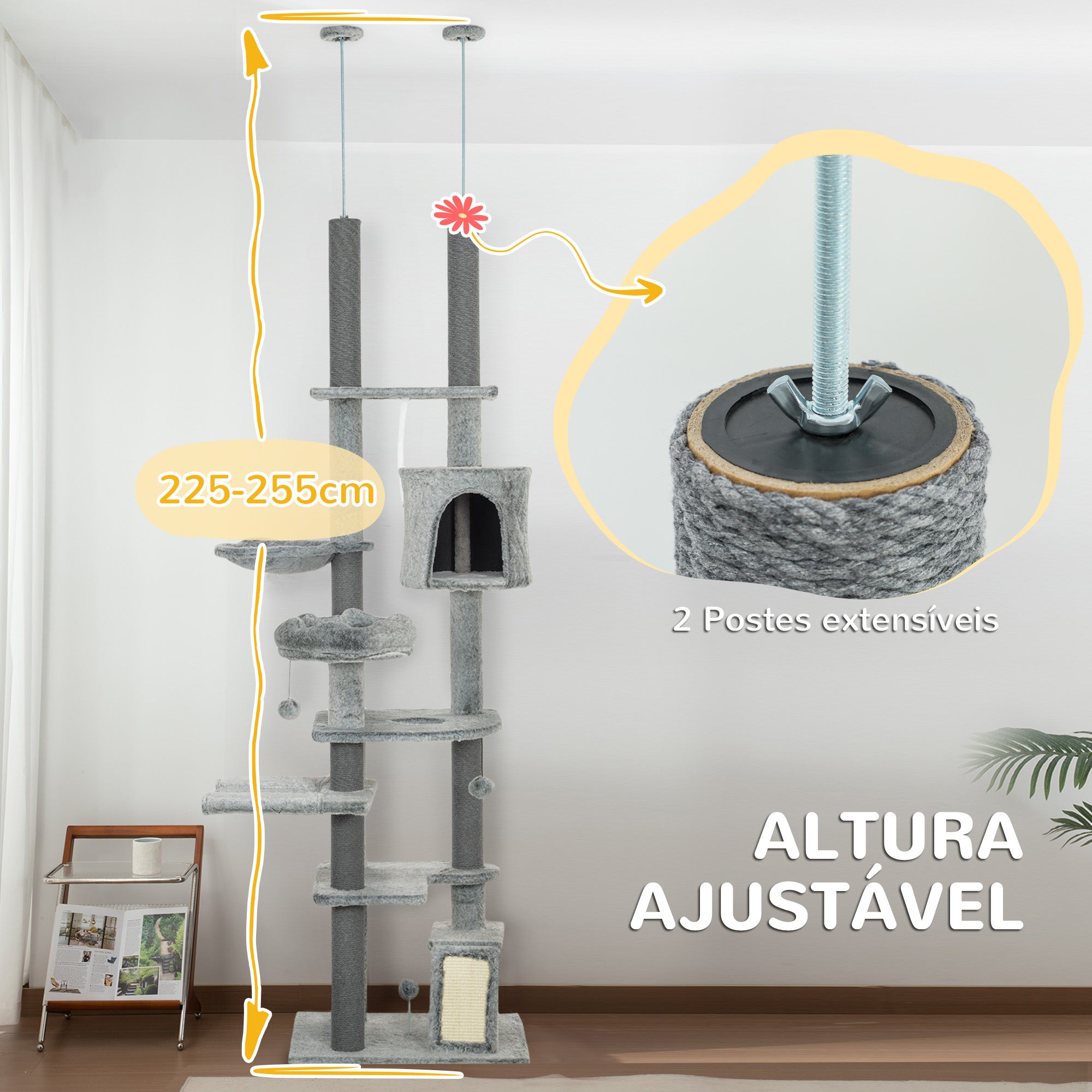 Arranhador para Gatos - 60x48x225-255 cm - Cinza