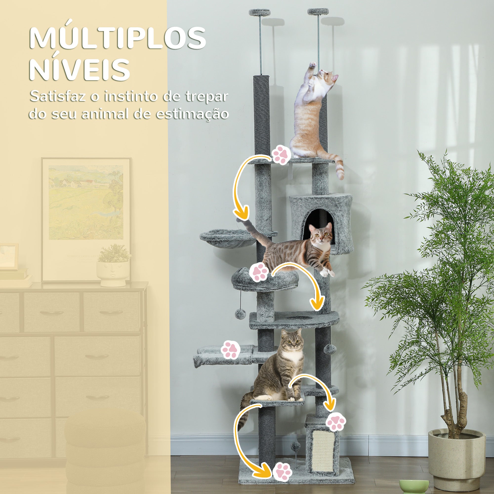 Arranhador para Gatos - 60x48x225-255 cm - Cinza