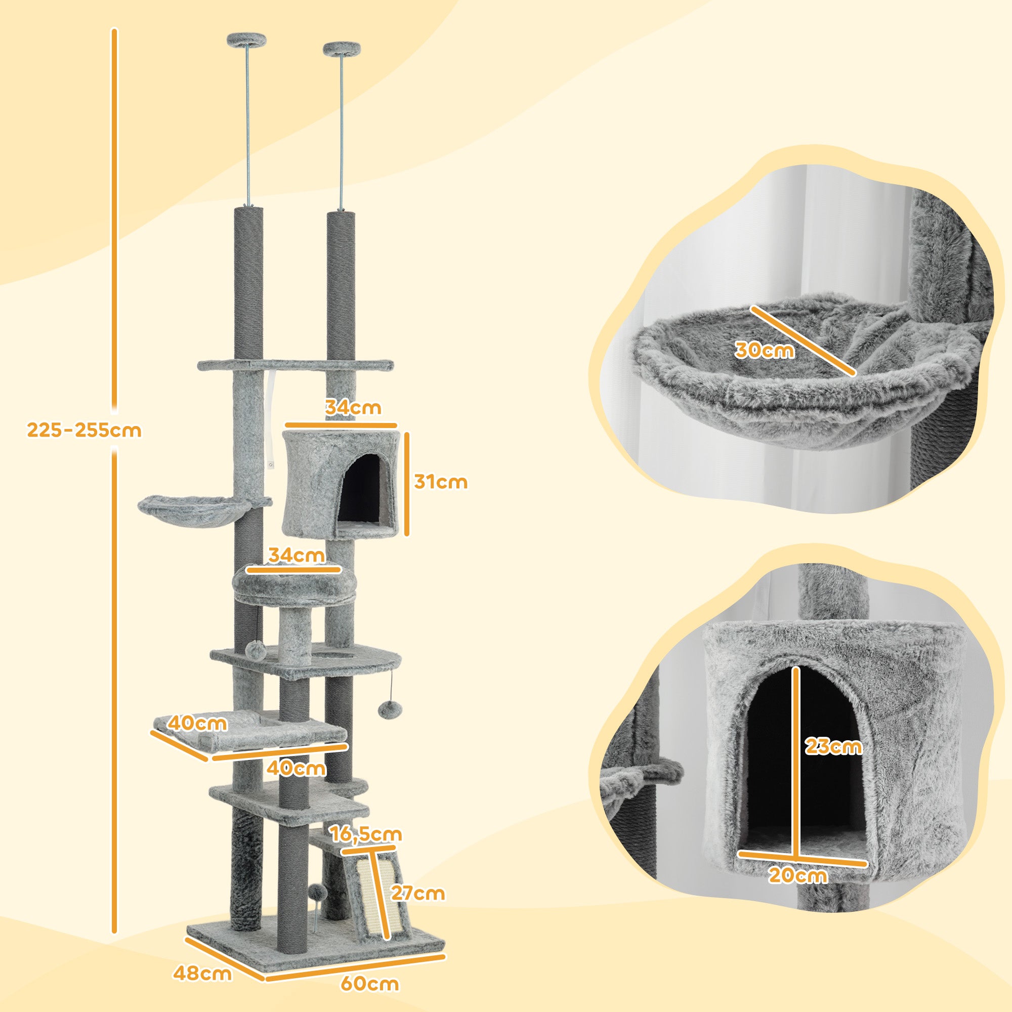 Arranhador para Gatos - 60x48x225-255 cm - Cinza