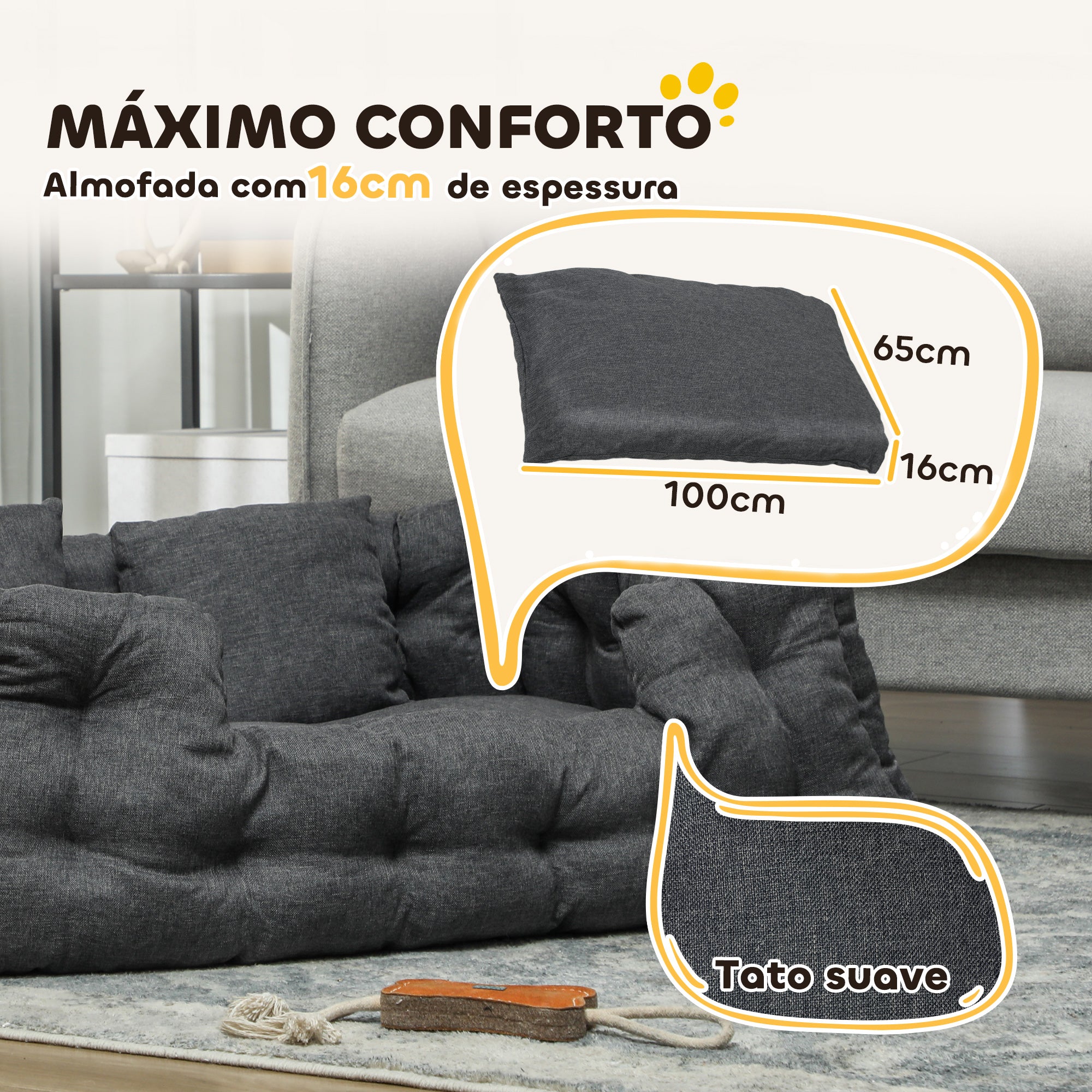 Cama para Cães Grandes com 2 Almofadas - 110x70x35 cm - Cinza