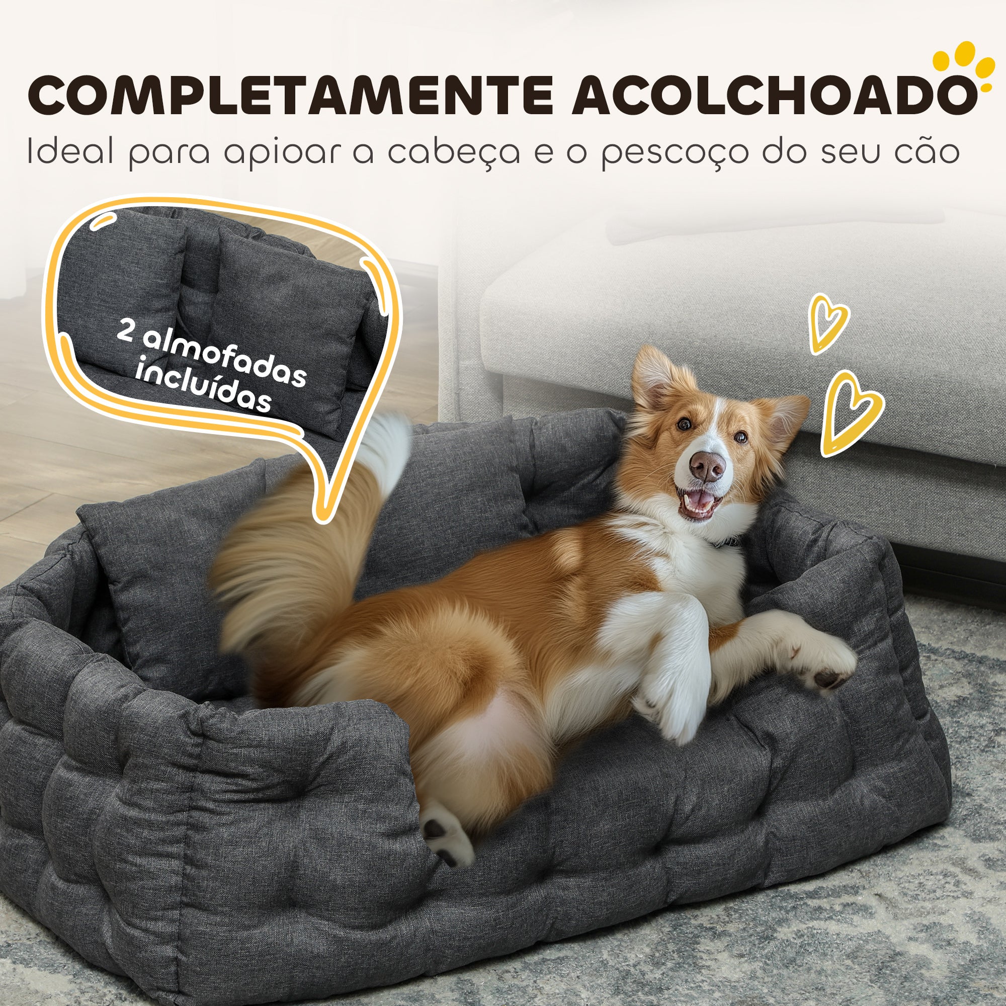 Cama para Cães Grandes com 2 Almofadas - 110x70x35 cm - Cinza