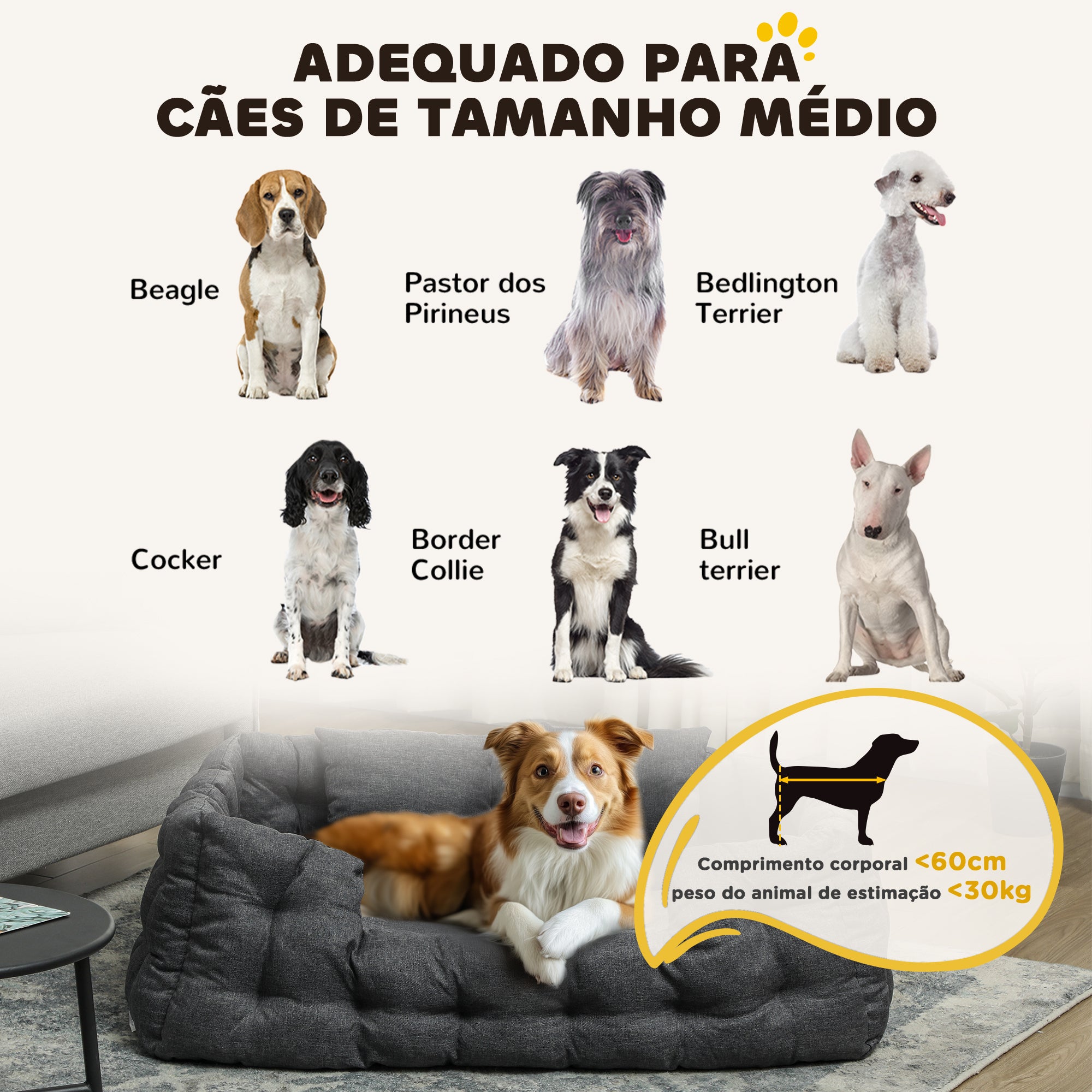 Cama para Cães Grandes com 2 Almofadas - 110x70x35 cm - Cinza