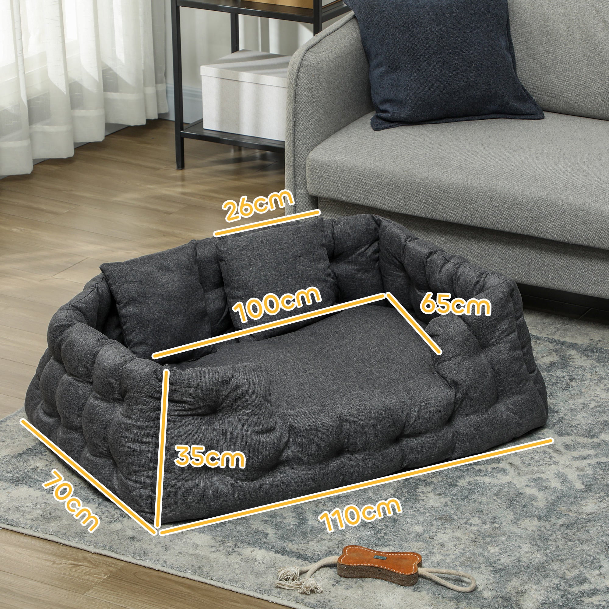 Cama para Cães Grandes com 2 Almofadas - 110x70x35 cm - Cinza