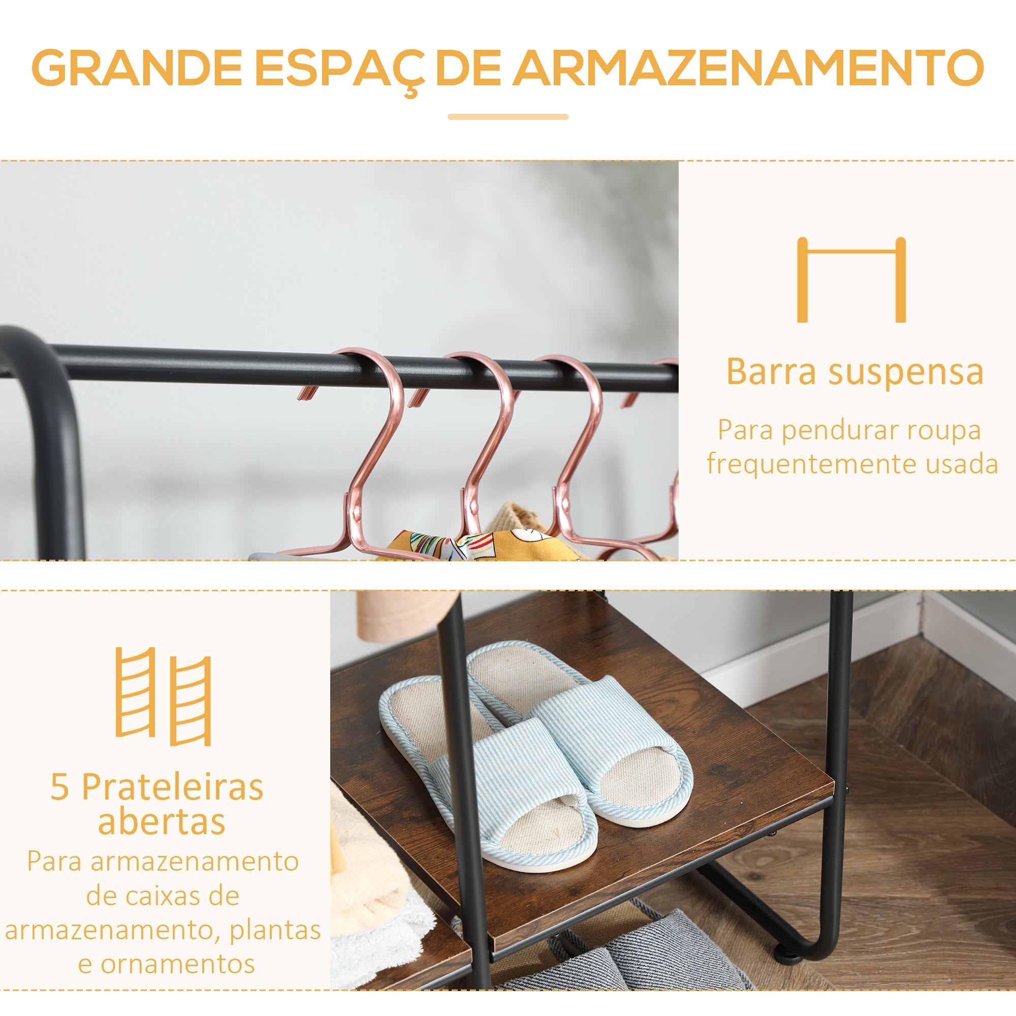 Suporte para Cabides com 4 Prateleiras de Armazenamento 101x39x160cm Café e Preto