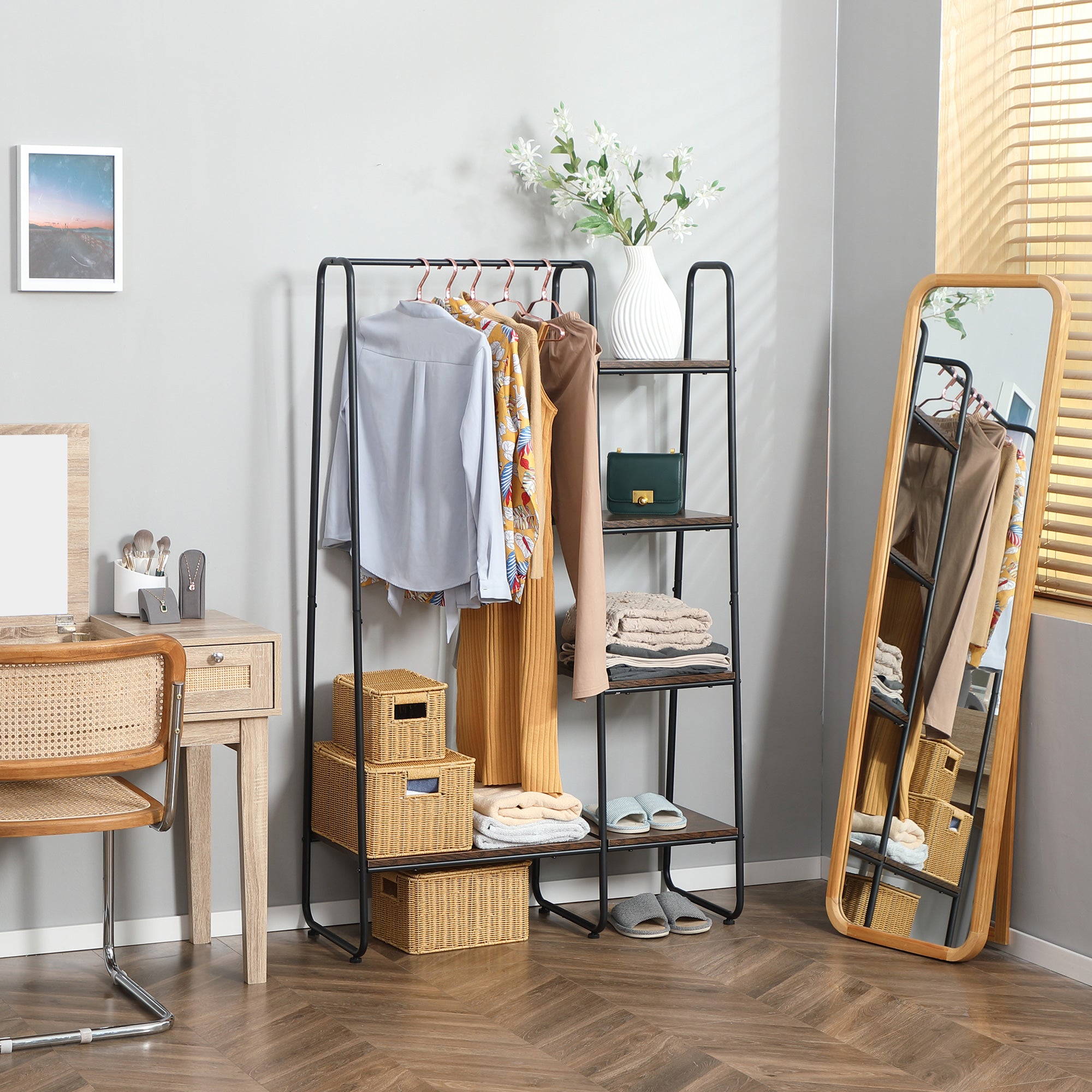 Suporte para Cabides com 4 Prateleiras de Armazenamento 101x39x160cm Café e Preto