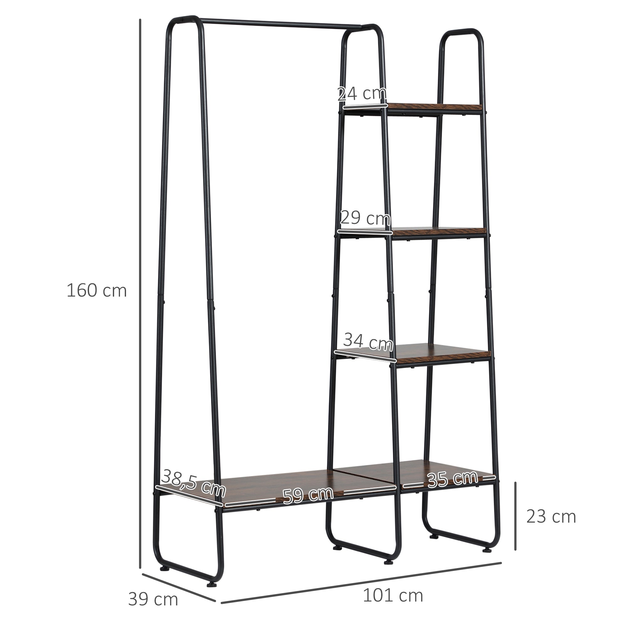 Suporte para Cabides com 4 Prateleiras de Armazenamento 101x39x160cm Café e Preto
