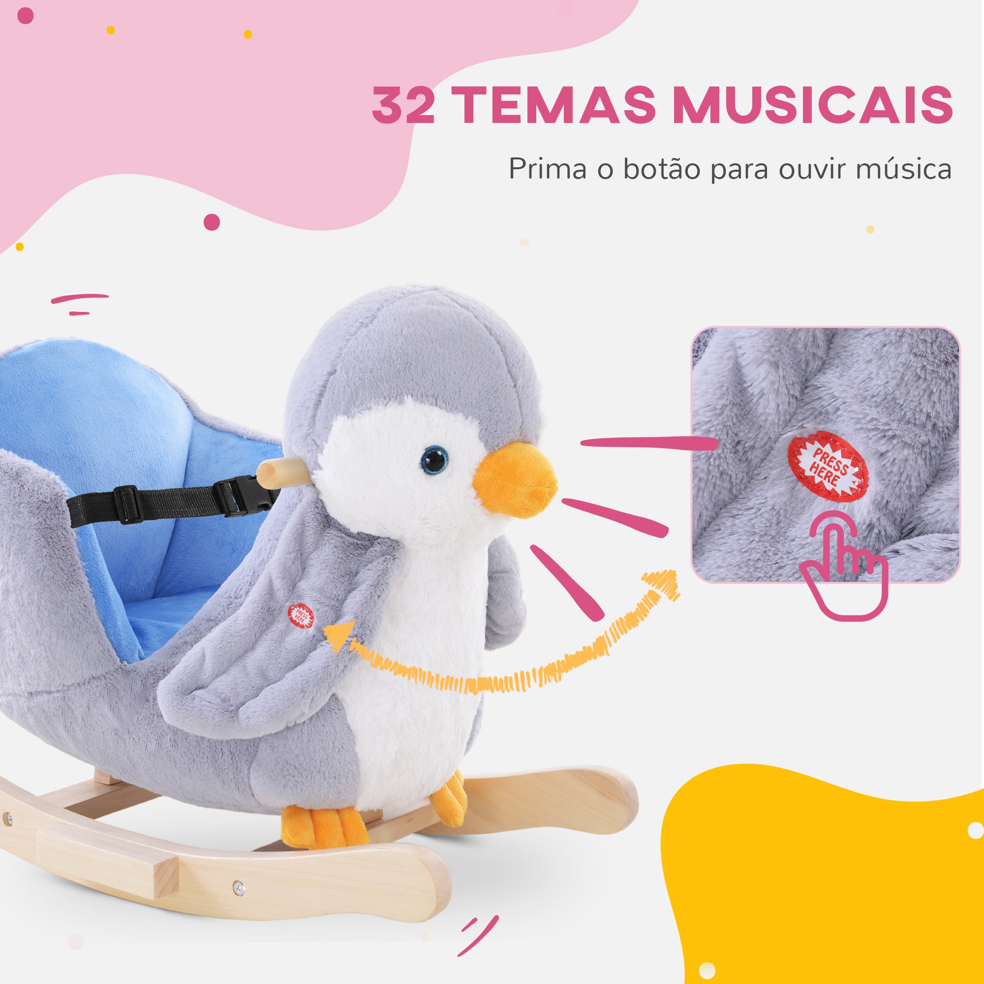 Baloiço Pinguim de Madeira com Música 60x33x50 cm - Cinza