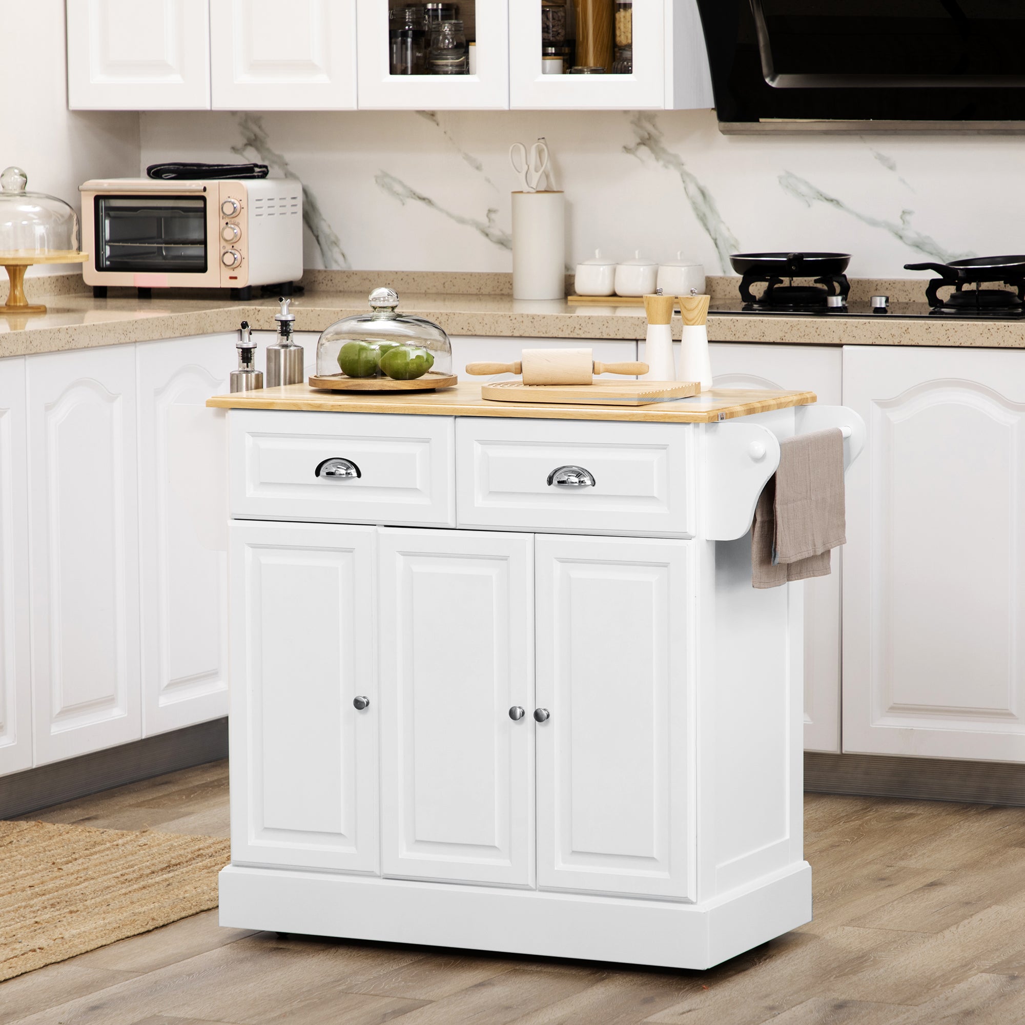 Carrinho de Cozinha Ilha com Rodas – 110x45x89 cm – Branco e Madeira – MDF e madeira de borracha