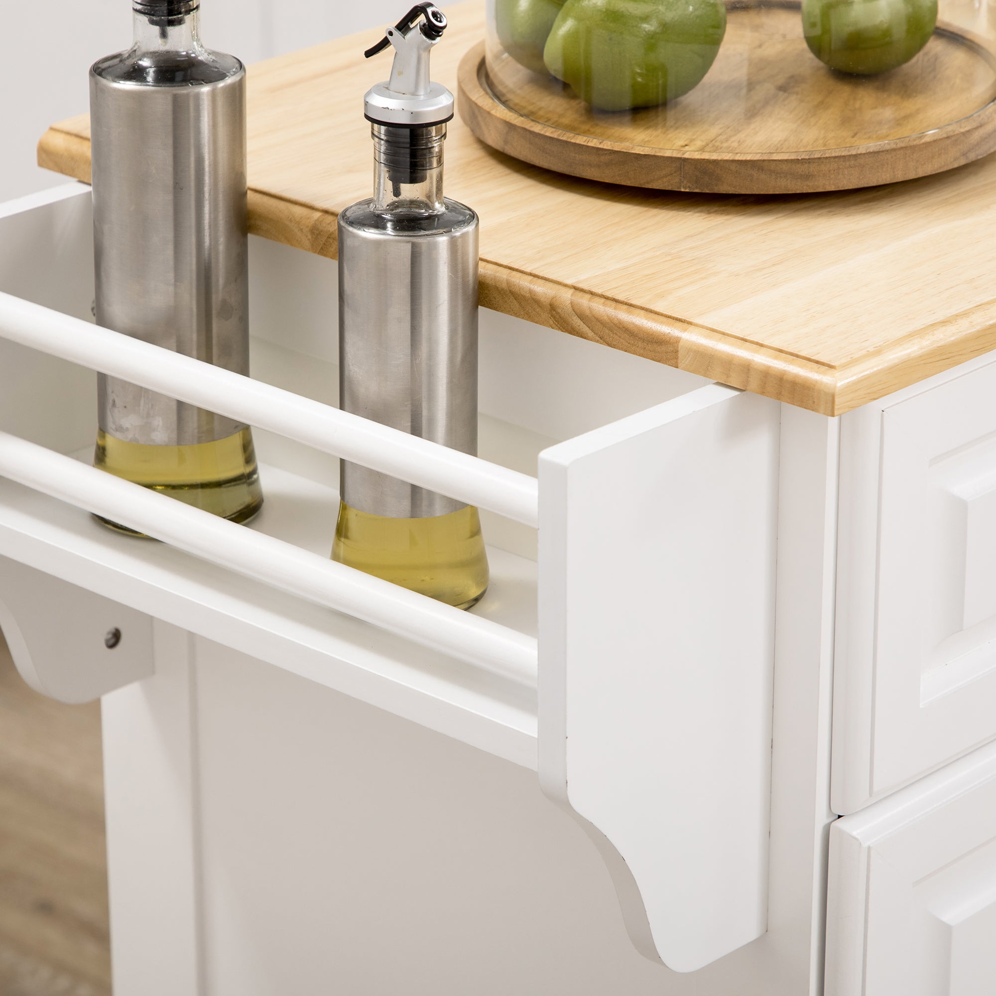 Carrinho de Cozinha Ilha com Rodas – 110x45x89 cm – Branco e Madeira – MDF e madeira de borracha